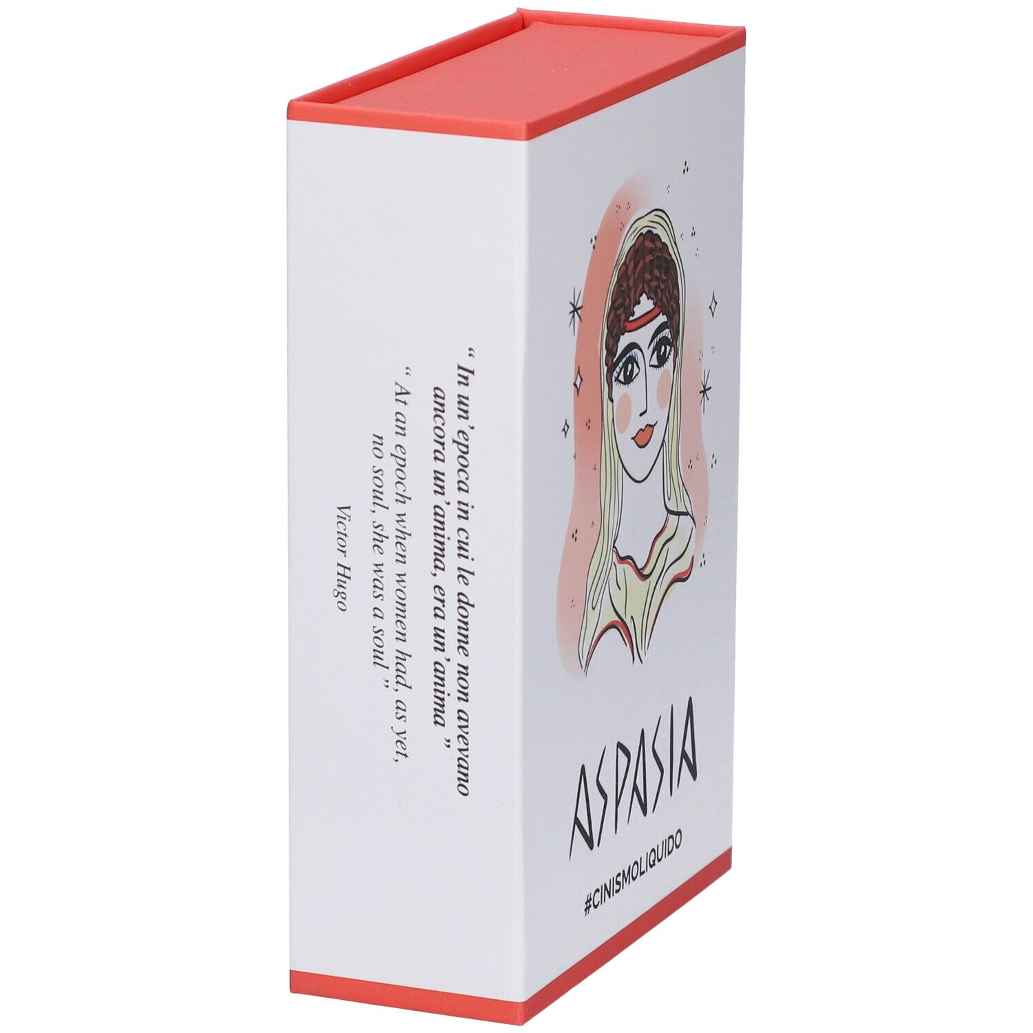 Confezione bianca e rossa. Illustrazione di Aspasia. Citazione di Victor Hugo. Scritta: Aspasia, #cinismoliquido.