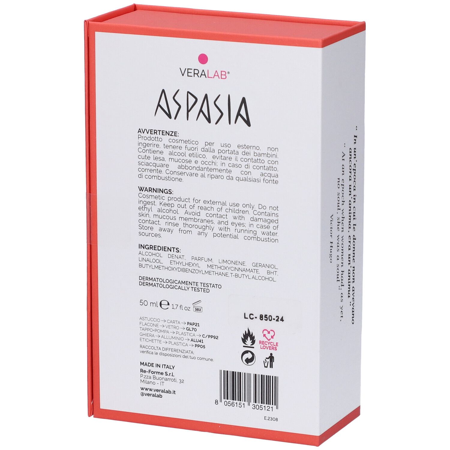 Confezione bianca e rossa. Scritte: Aspasia, ingredienti, avvertenze, logo Veralab.