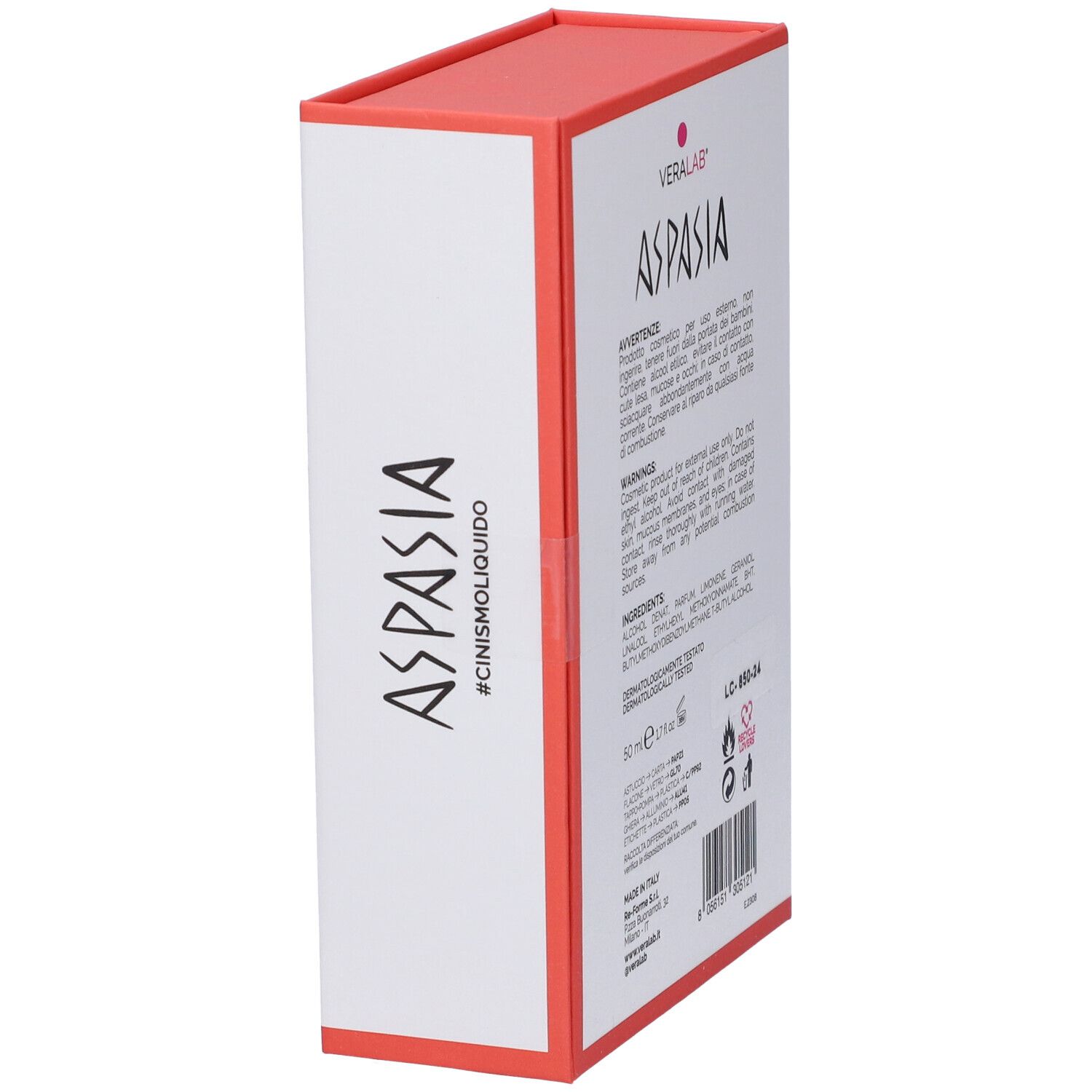 Confezione bianca e rossa. Scritte: Aspasia, ingredienti, avvertenze, logo Veralab.