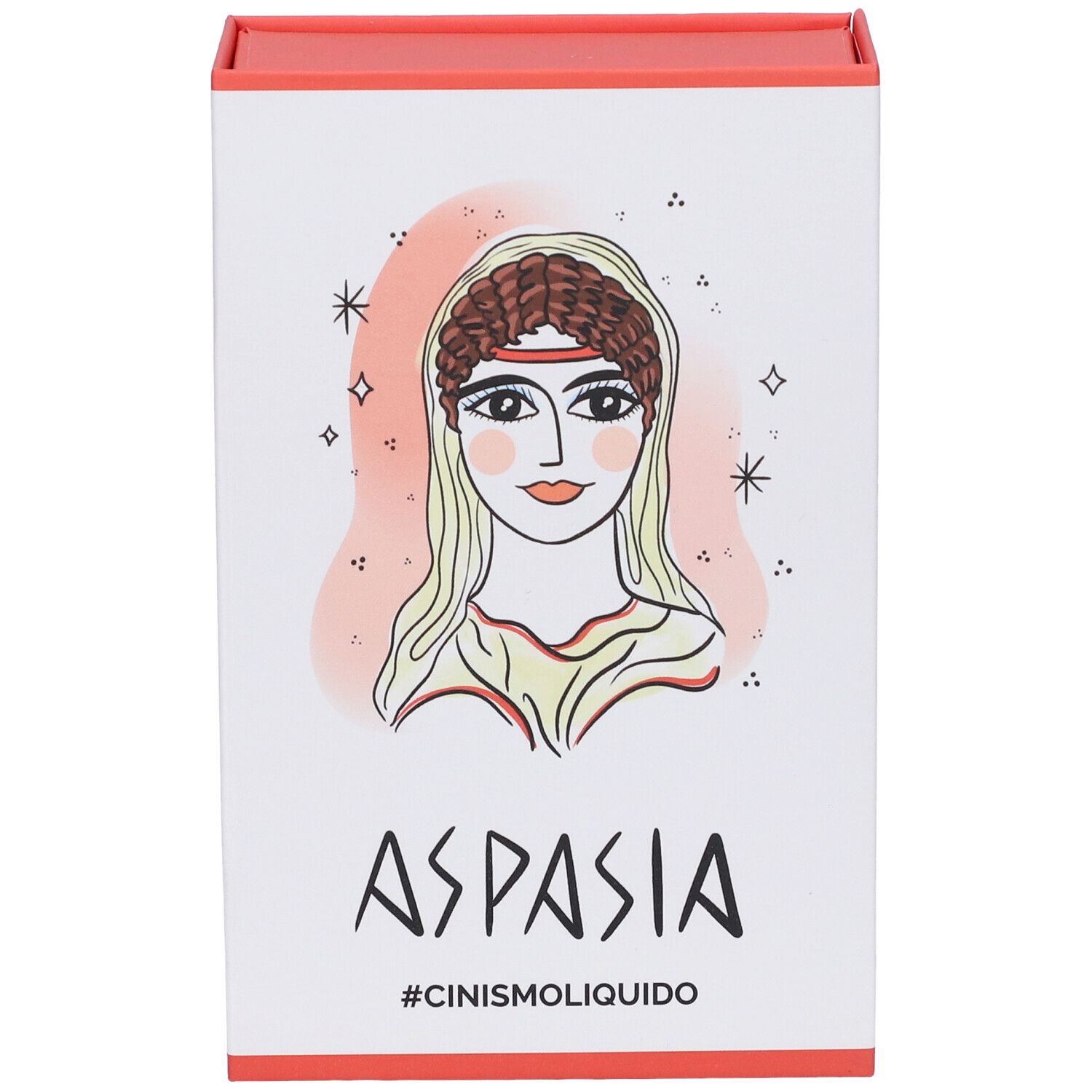 Confezione rettangolare bianca e rossa. Illustrazione di Aspasia. Scritta: Aspasia, #cinismoliquido.