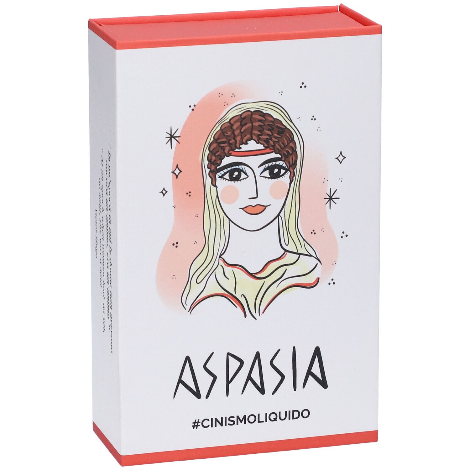 Confezione rettangolare bianca e rossa. Illustrazione di Aspasia. Scritta: Aspasia, #cinismoliquido.