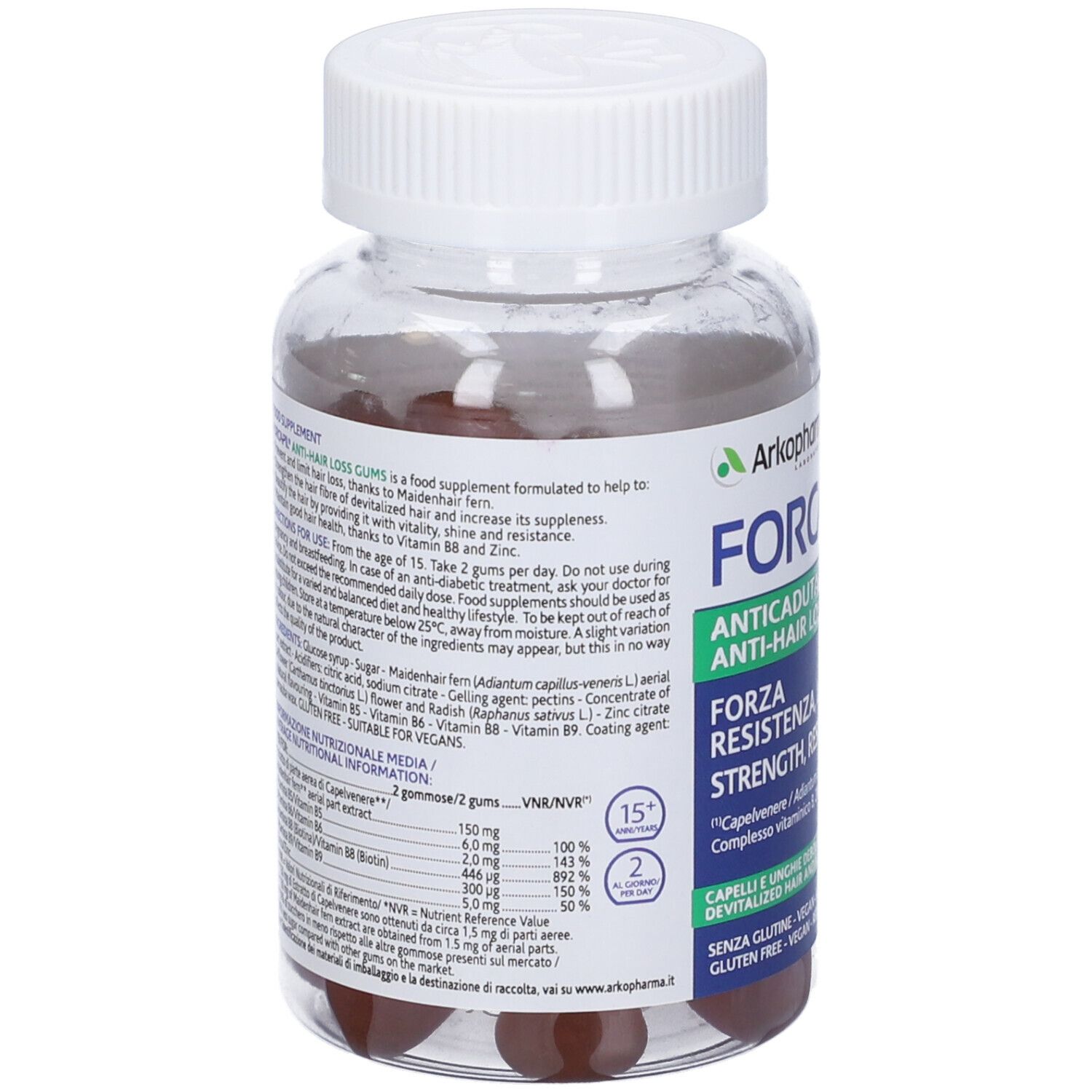 Flacone trasparente con tappo bianco. Retro con testo e informazioni nutrizionali. Gommose visibili. Etichetta con ingredienti.