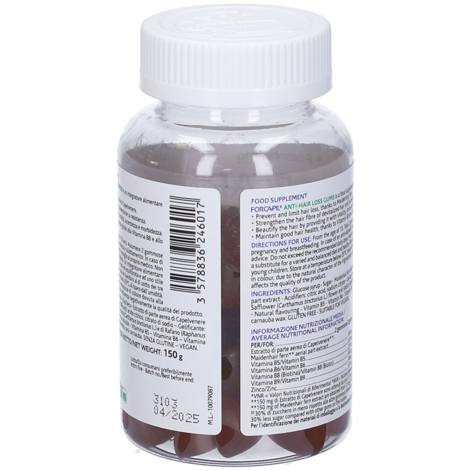 Flacone trasparente con tappo bianco. Retro con testo e informazioni nutrizionali. Gommose visibili. Etichetta con ingredienti.