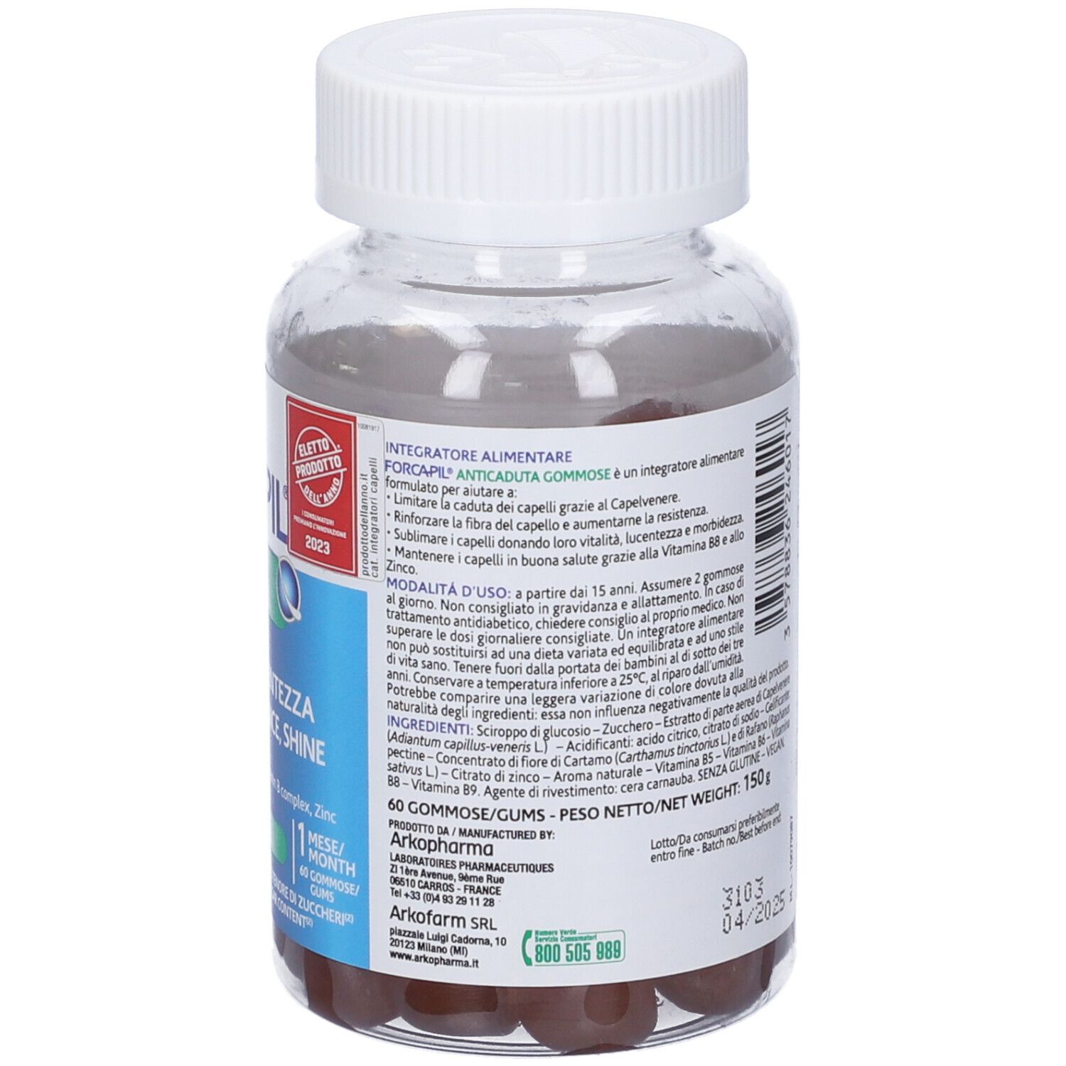 Flacone trasparente con tappo bianco. Retro con testo e informazioni nutrizionali. Gommose visibili. Etichetta con ingredienti.