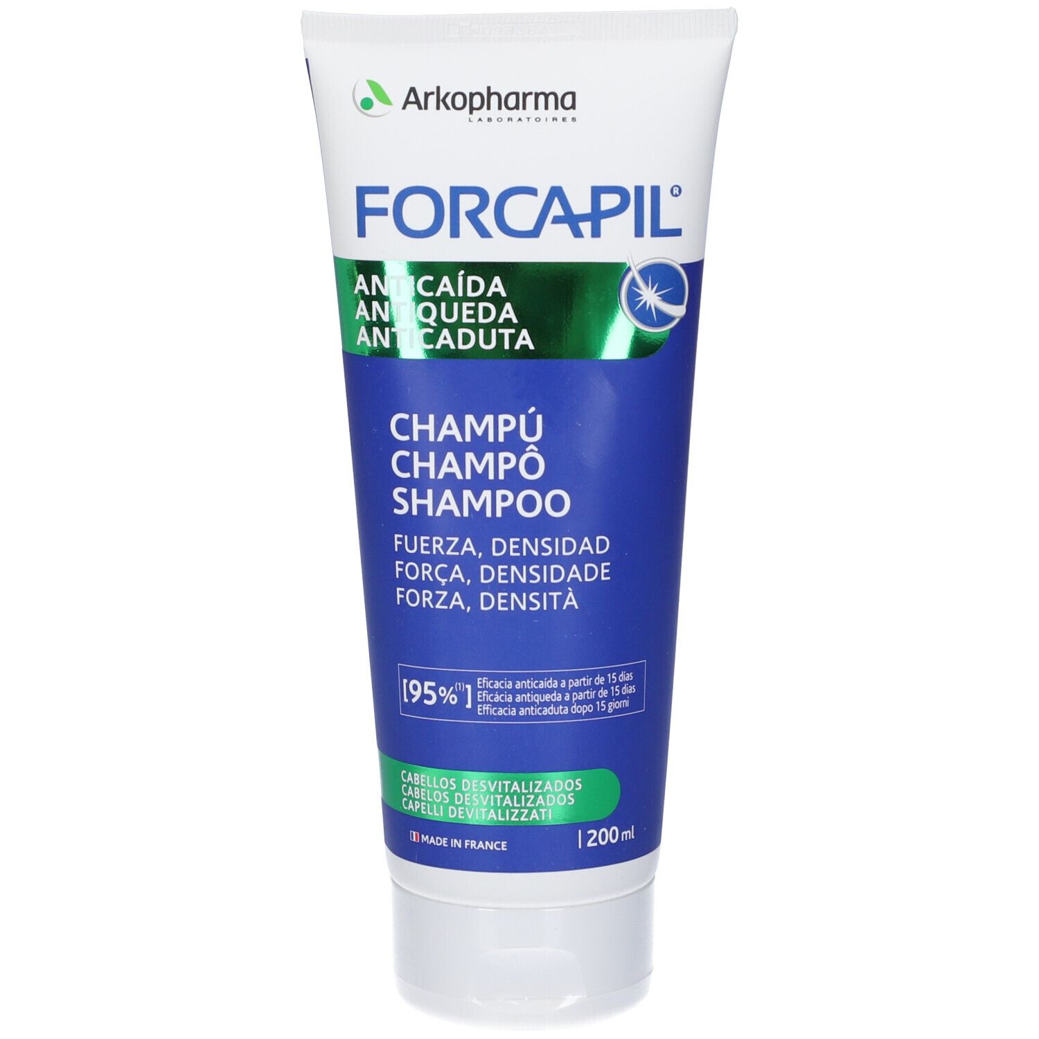 Tubo bianco-blu FORCAPIL. Nome prodotto e logo Arkopharma. Testo: Champú, Anticaduta. 200 ml.