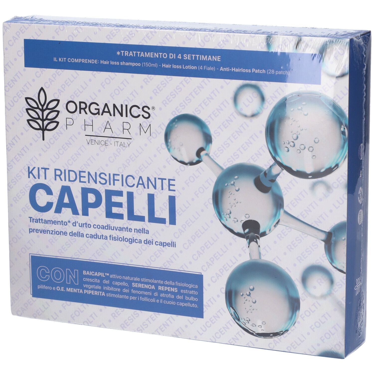 Organics Pharm Kit Ridensificante Capelli 1 Lozione Anticaduta 4 Fiale Da 0,6 Ml + 1 Shampoo Rivitalizzante 150 Ml + 1 Anti Hairloss Patch 14 Bustine