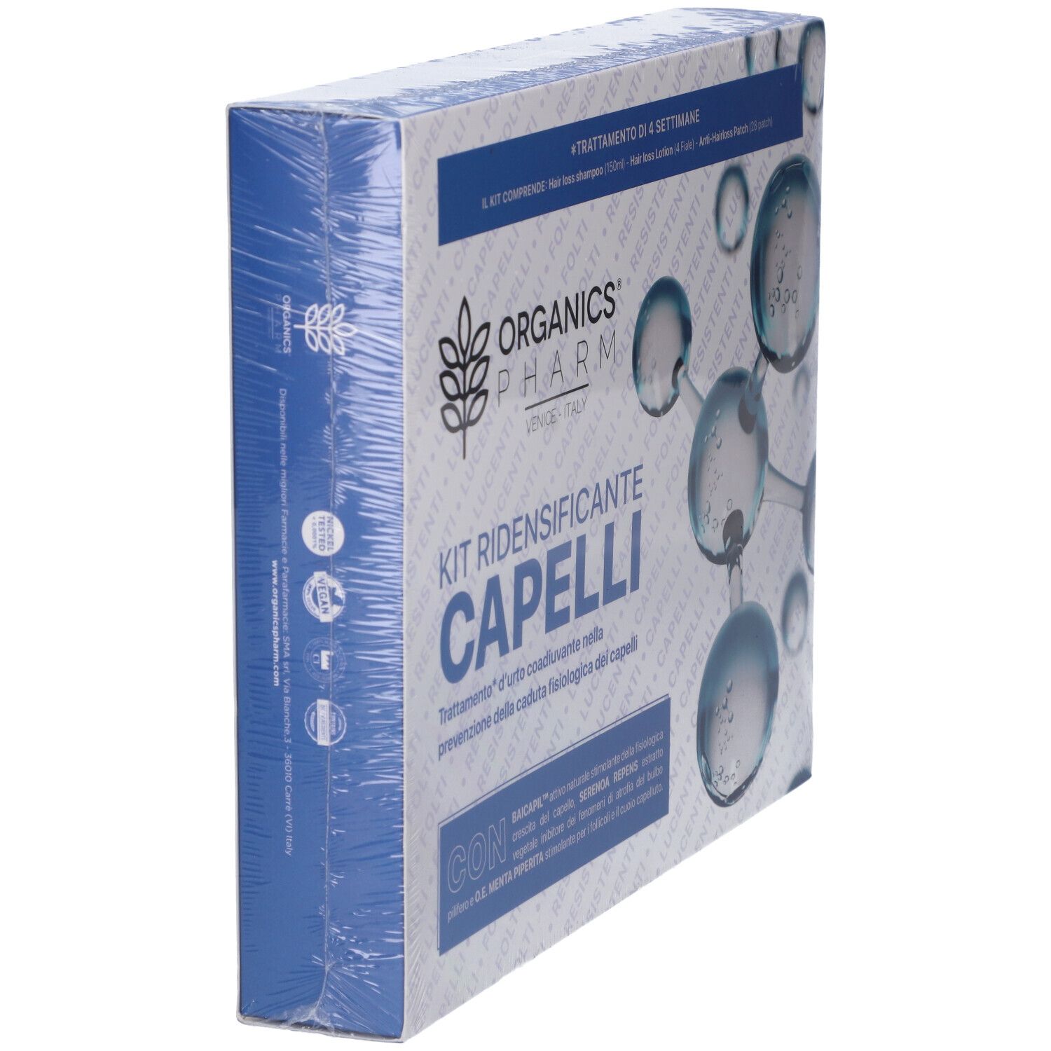 Vista obliqua della confezione del prodotto. Contiene shampoo, lozione e patch. Colori blu e bianco.