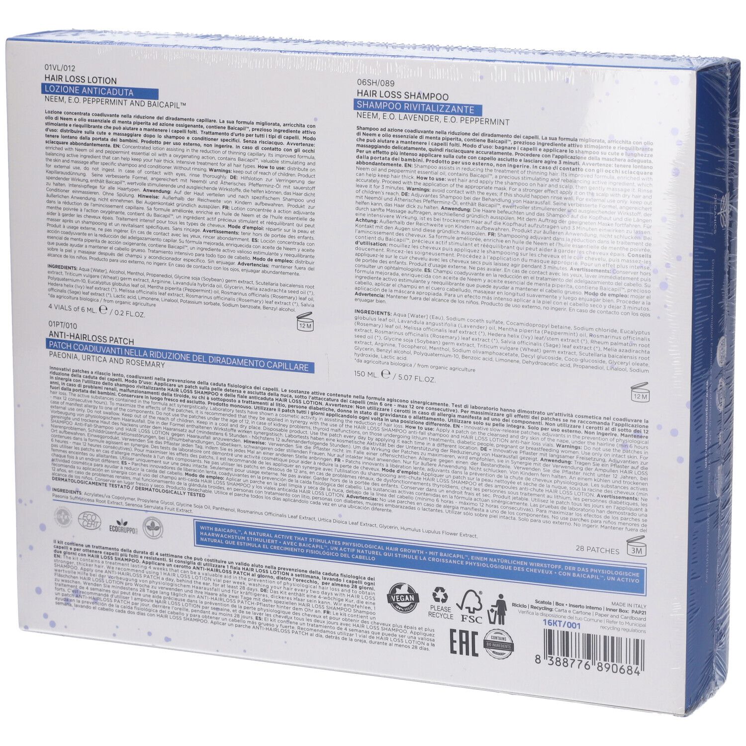 Retro della confezione del prodotto. Informazioni testuali su ingredienti e utilizzo. Diversi loghi e certificazioni.