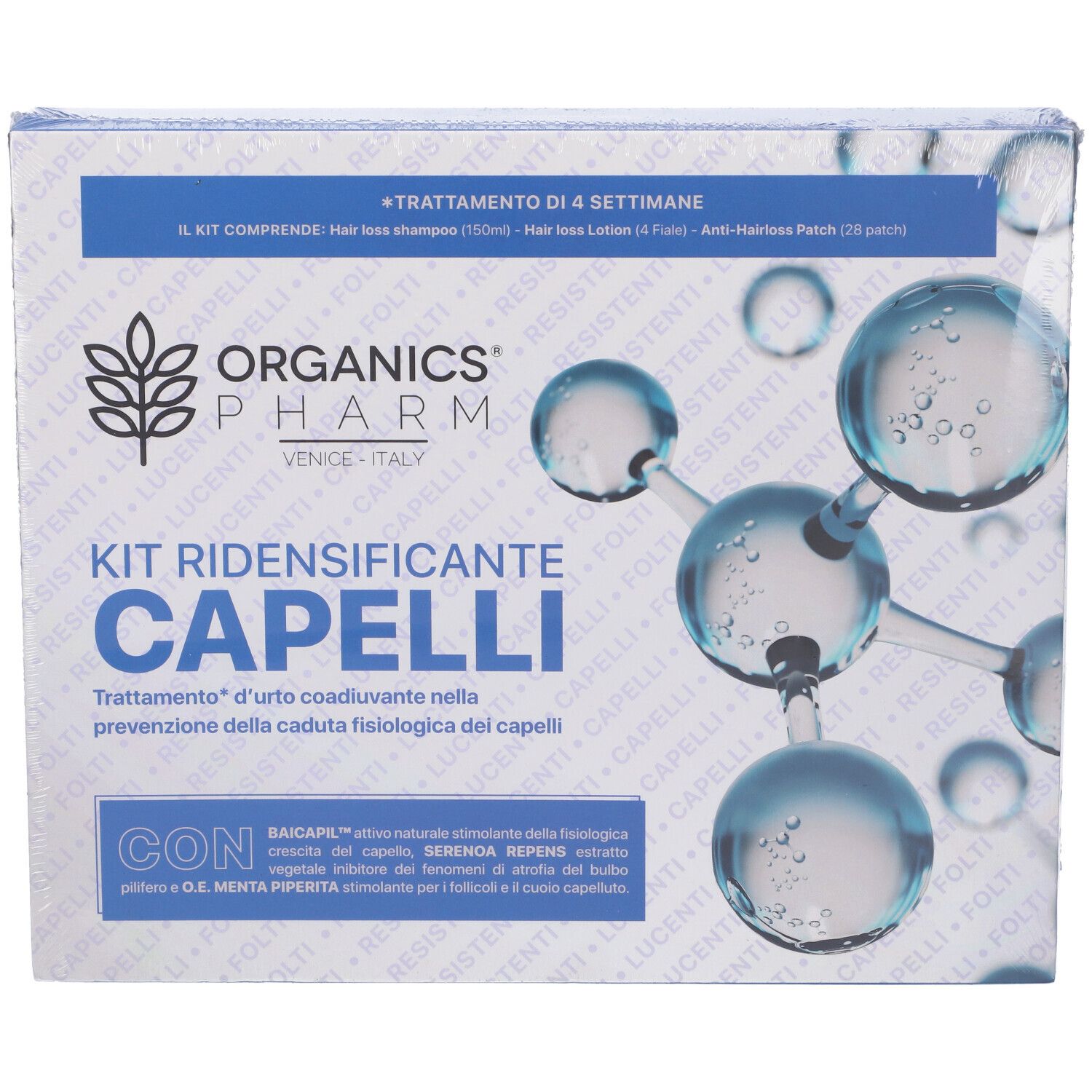 Confezione del prodotto con logo e nome. Contiene shampoo, lozione e patch. Colori blu e bianco.