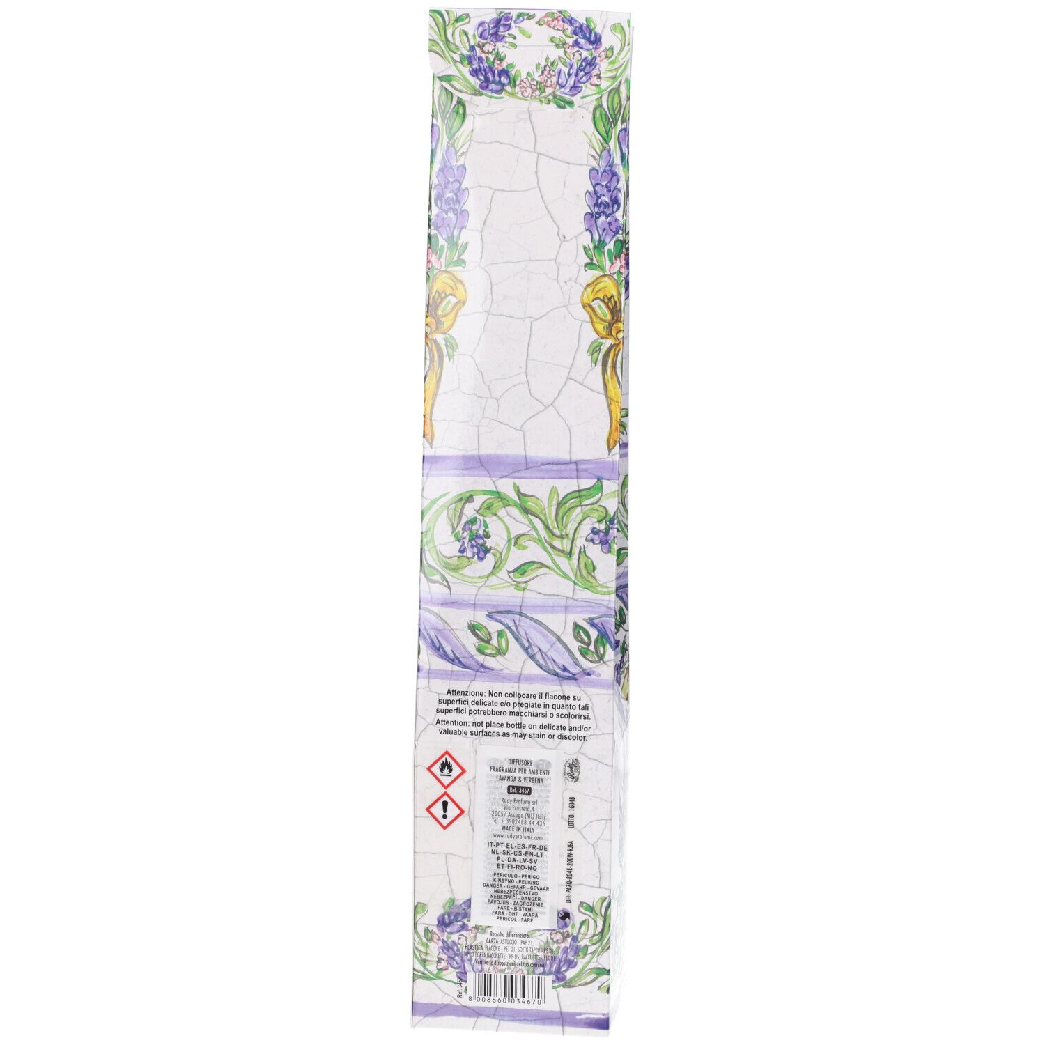 Lunga confezione stretta con design floreale viola e verde, ispirata alle maioliche.