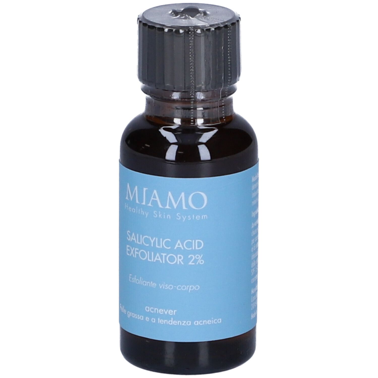 Flacone di vetro marrone con tappo nero. Etichetta blu con testo bianco: Miamo, Salicylic Acid Exfoliator 2%.