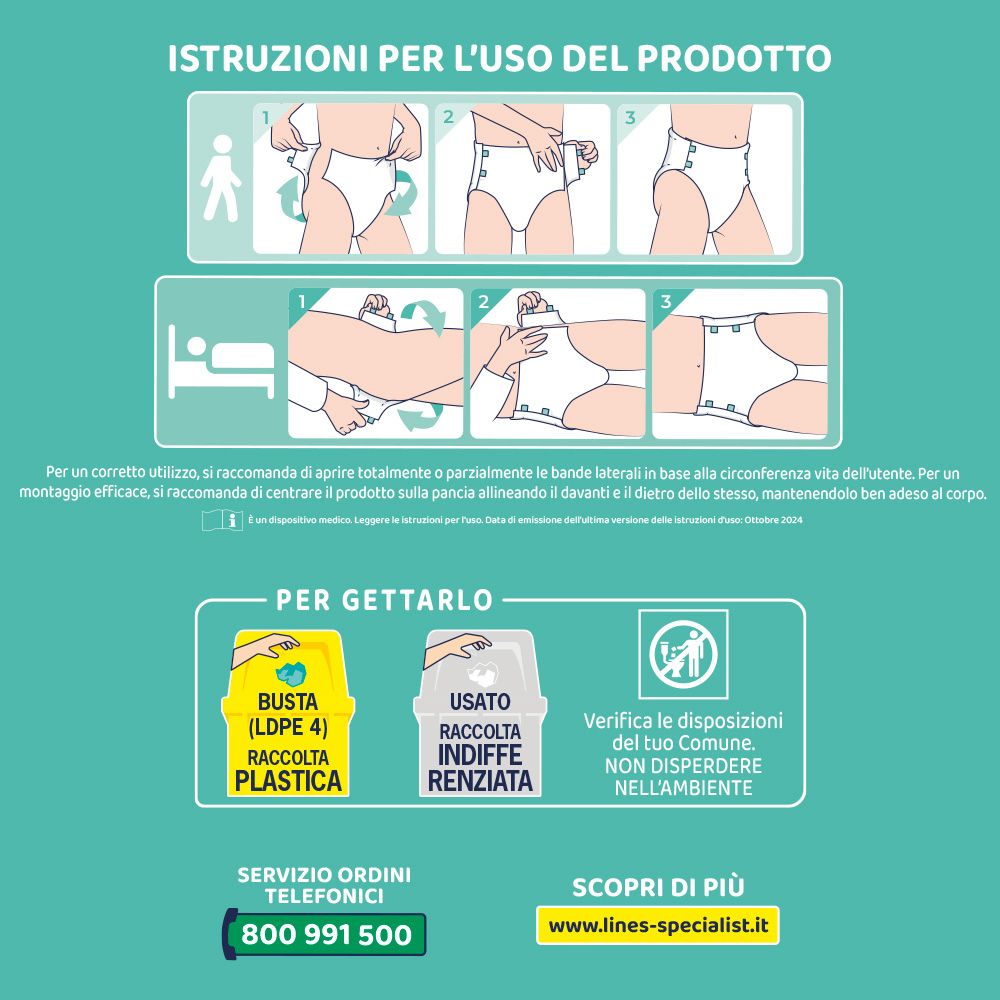 Istruzioni per l'uso di Lines Specialist Derma Pannoloni. Passaggi 1-3. Istruzioni per lo smaltimento. Numero di telefono e sito web.