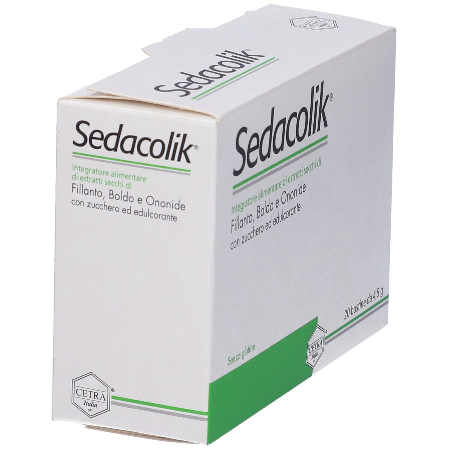 Scatola bianca con accento verde. Scritta Sedacolik. Testo in italiano. Vista angolata.