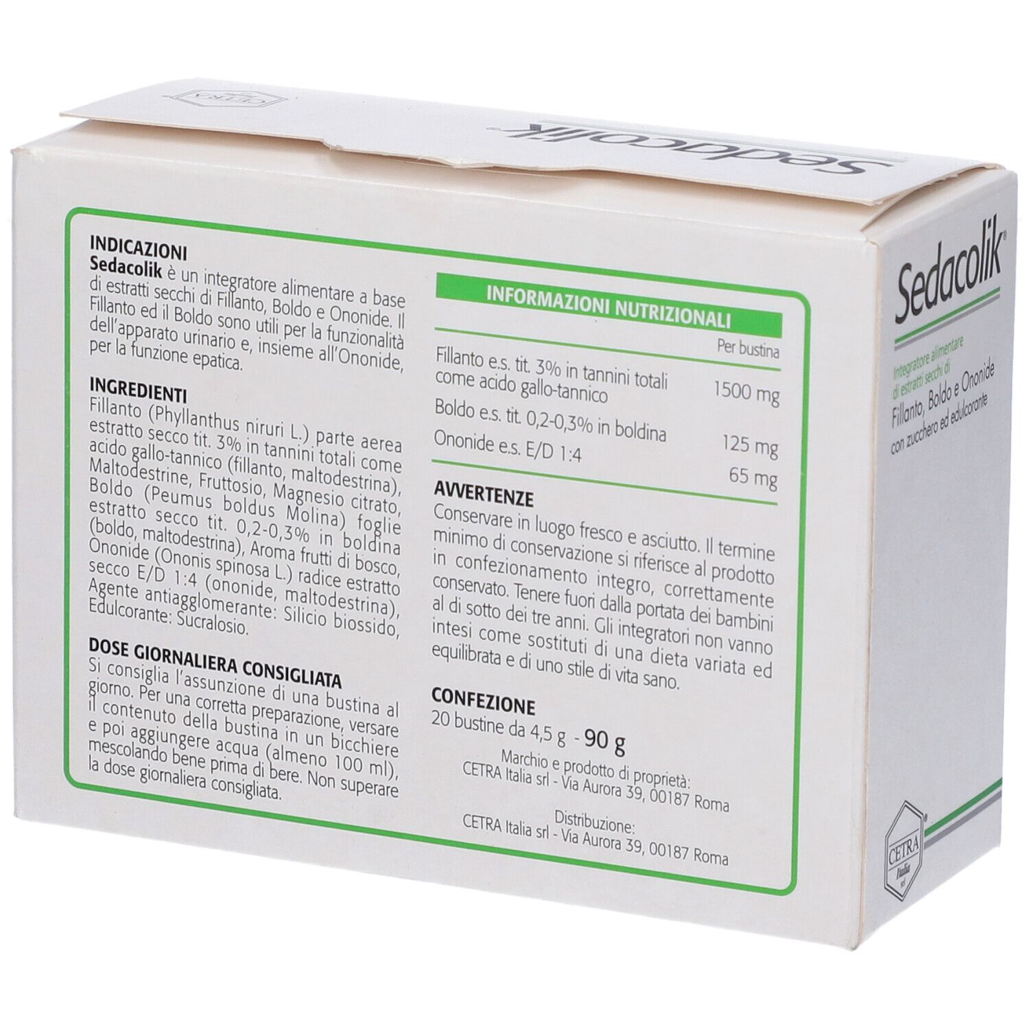 Scatola bianca con testo in italiano. Scritta Sedacolik. Contiene informazioni e valori nutrizionali.