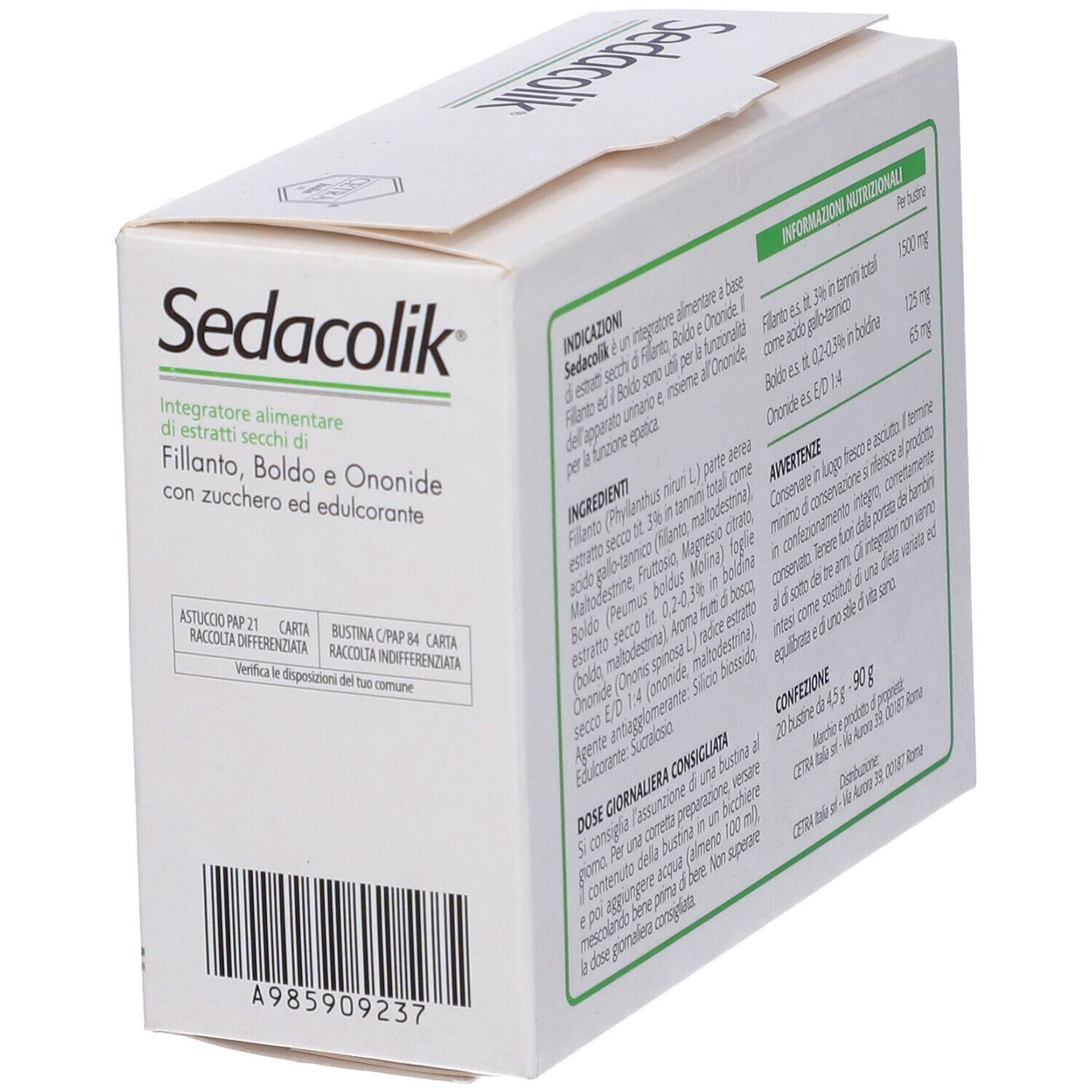 Scatola bianca con testo in italiano. Scritta Sedacolik. Contiene informazioni e valori nutrizionali.