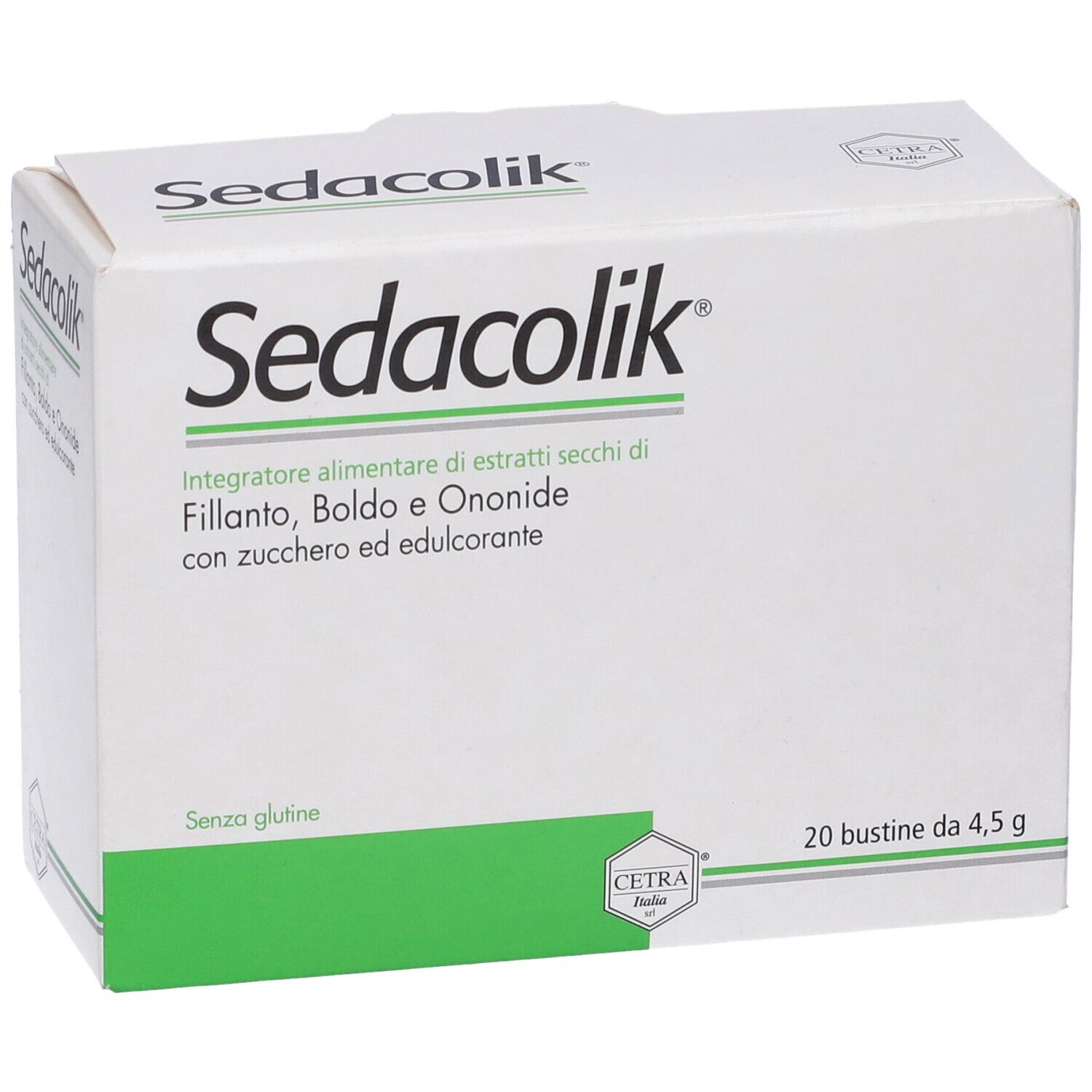 Scatola bianca con accento verde. Scritta Sedacolik. Contiene 20 bustine. Testo in italiano.