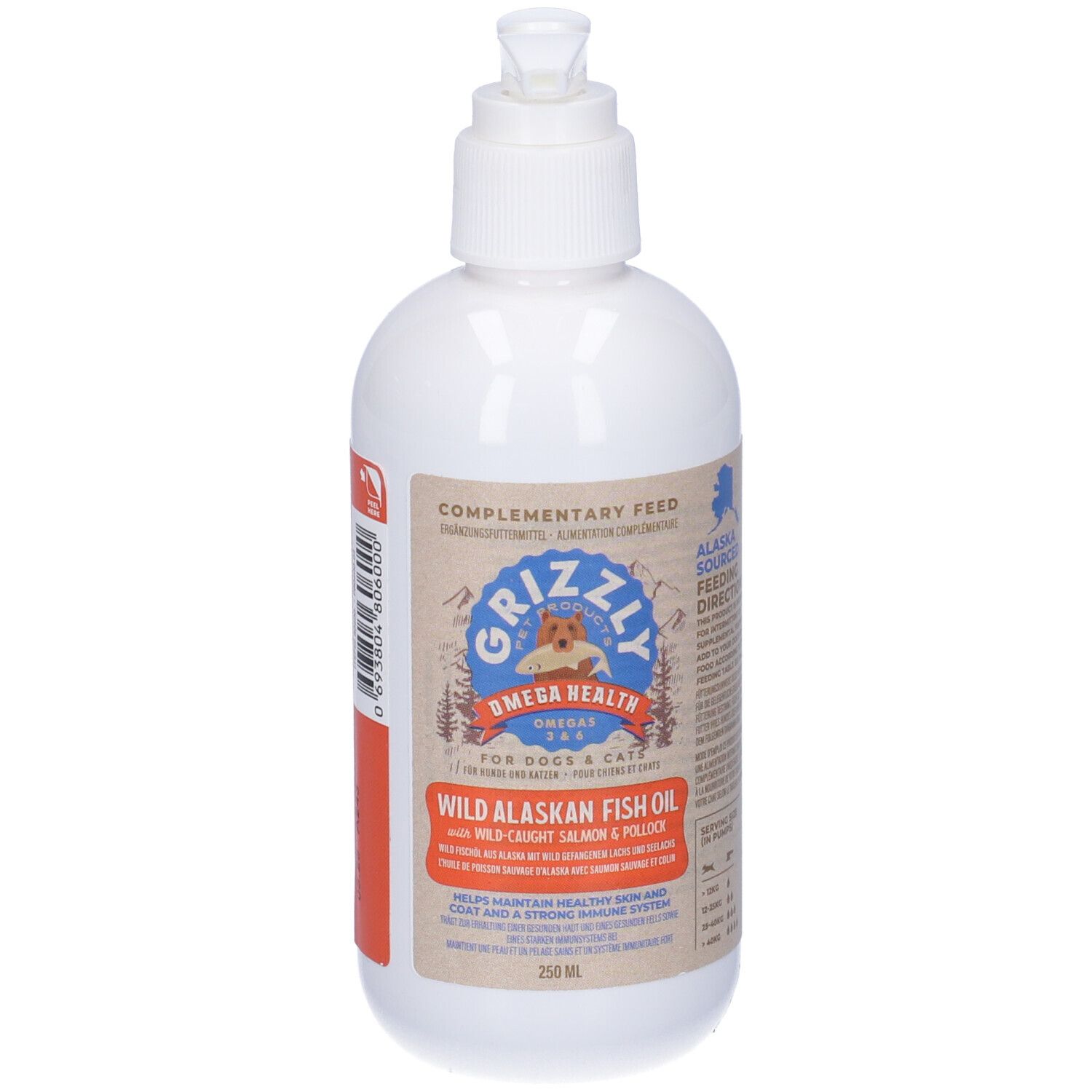 Flacone bianco con pompa. Etichetta con nome del prodotto e logo: Grizzly Omega Health. Testo: Wild Alaskan Fish Oil.