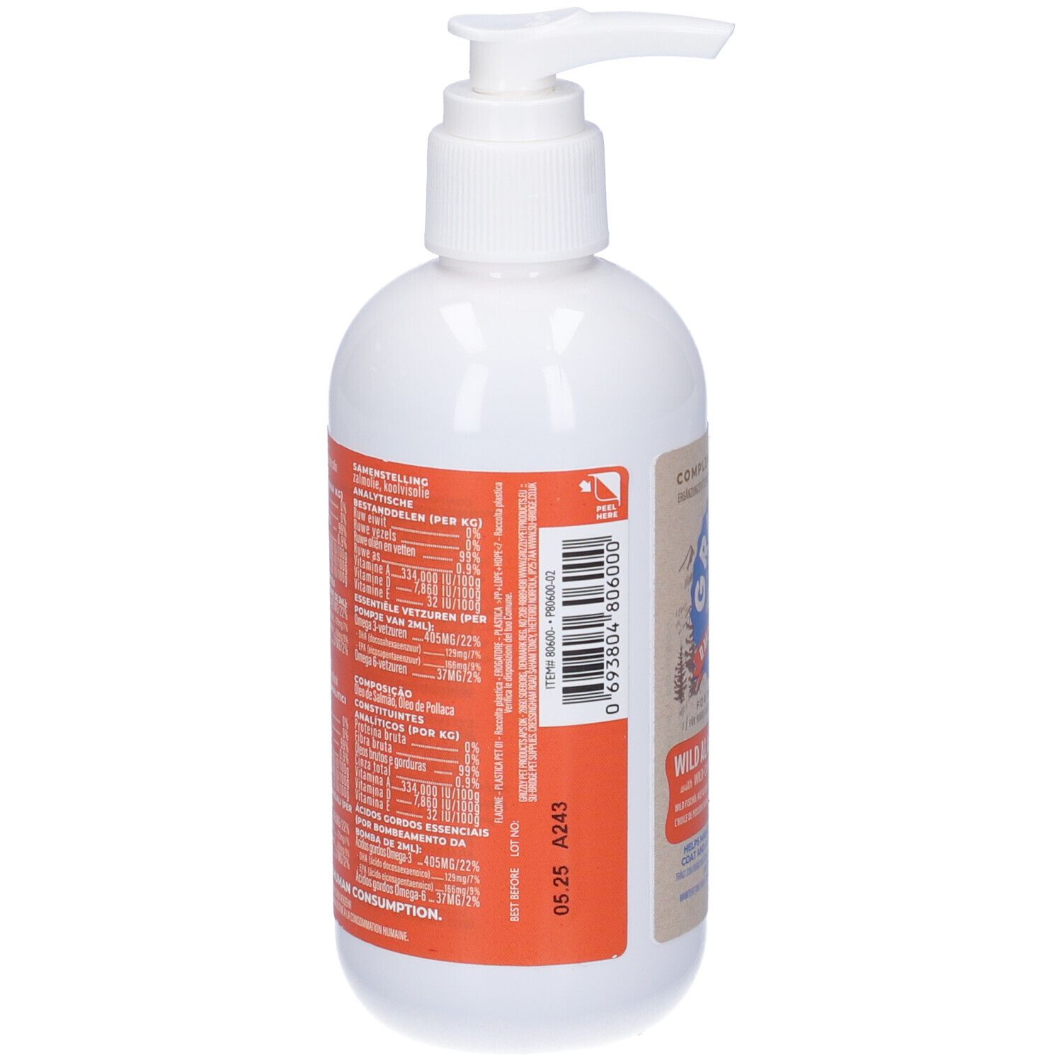 Flacone bianco con pompa. Etichetta con nome del prodotto e logo: Grizzly Omega Health. Testo: Wild Alaskan Fish Oil.