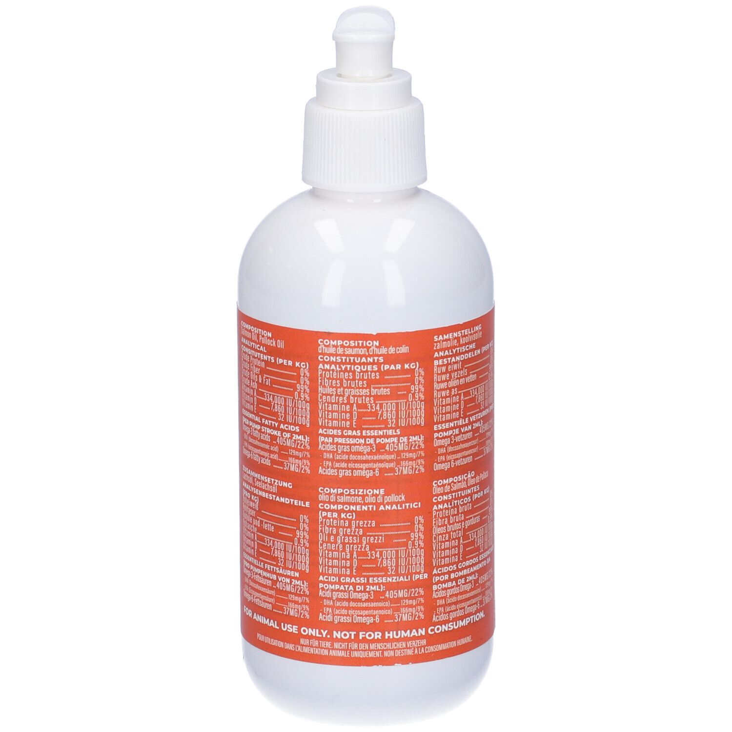Retro di un flacone bianco con pompa. Etichetta con informazioni sul prodotto e ingredienti.