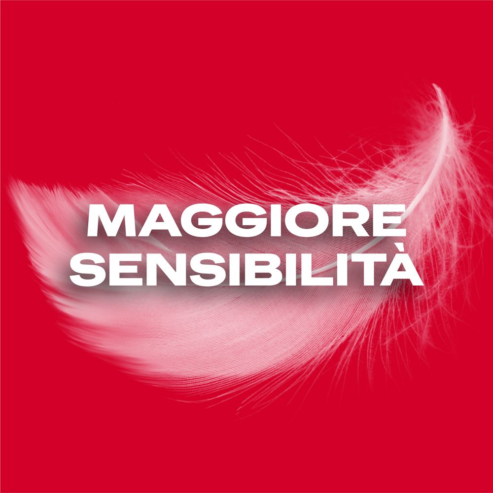 Una piuma bianca su sfondo rosso con la scritta "MAGGIORE SENSIBILITÀ".