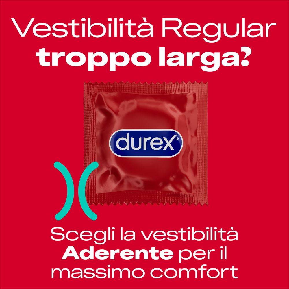 Una confezione di preservativo Durex rossa con testo sulla vestibilità e il comfort.