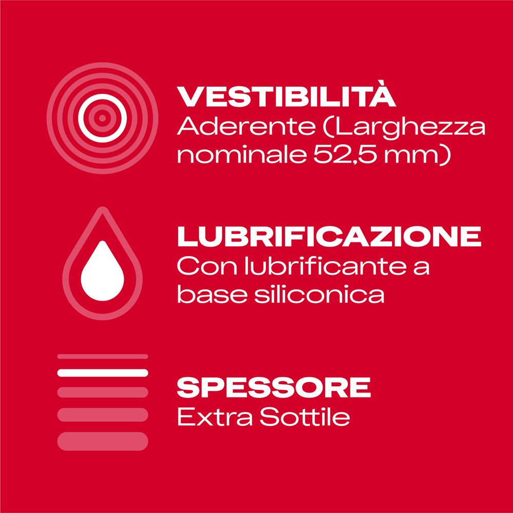 Preservativi extra sottili con lubrificante al silicone, larghezza nominale 52,5 mm.