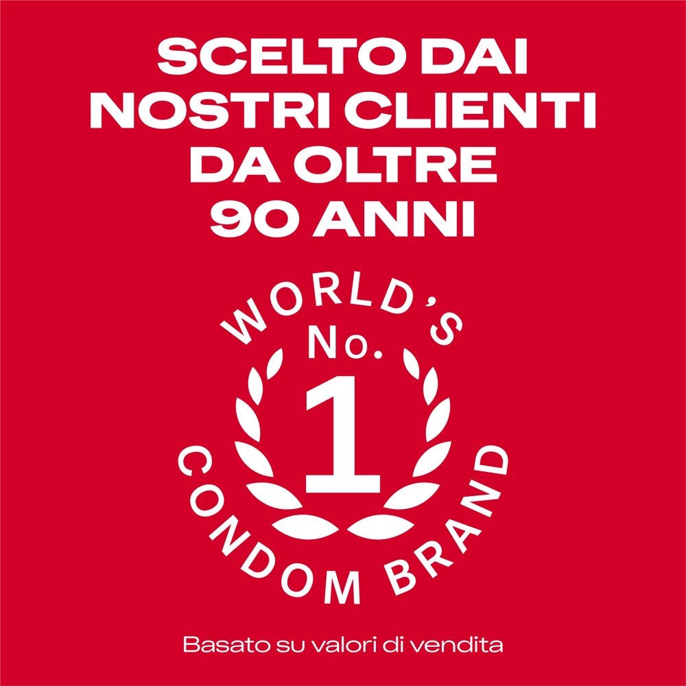 Confezione Durex con scritta 'World's No. 1 Condom Brand'. Sfondo rosso.