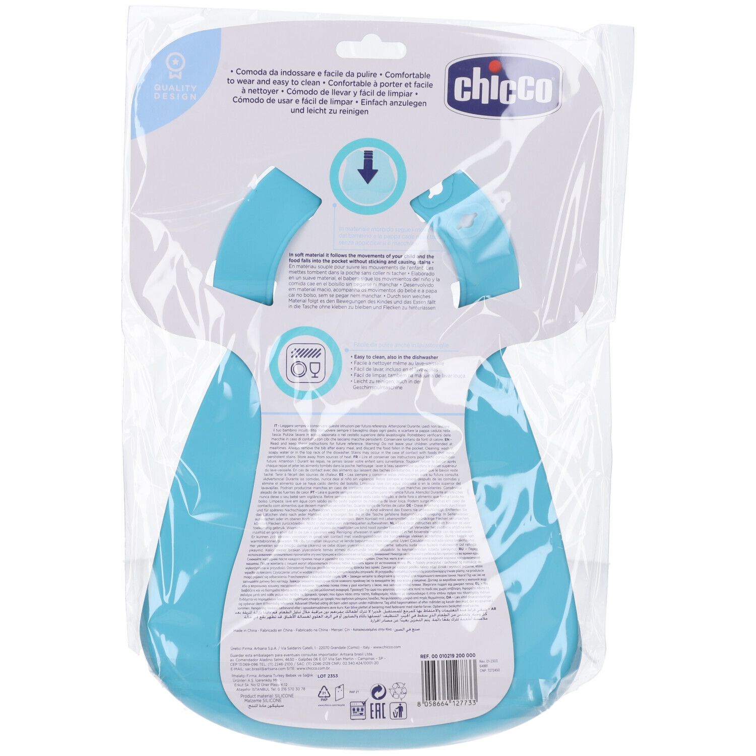 Retro del bavaglino in silicone blu in confezione. Marchio Chicco. Informazioni e marchio di qualità.