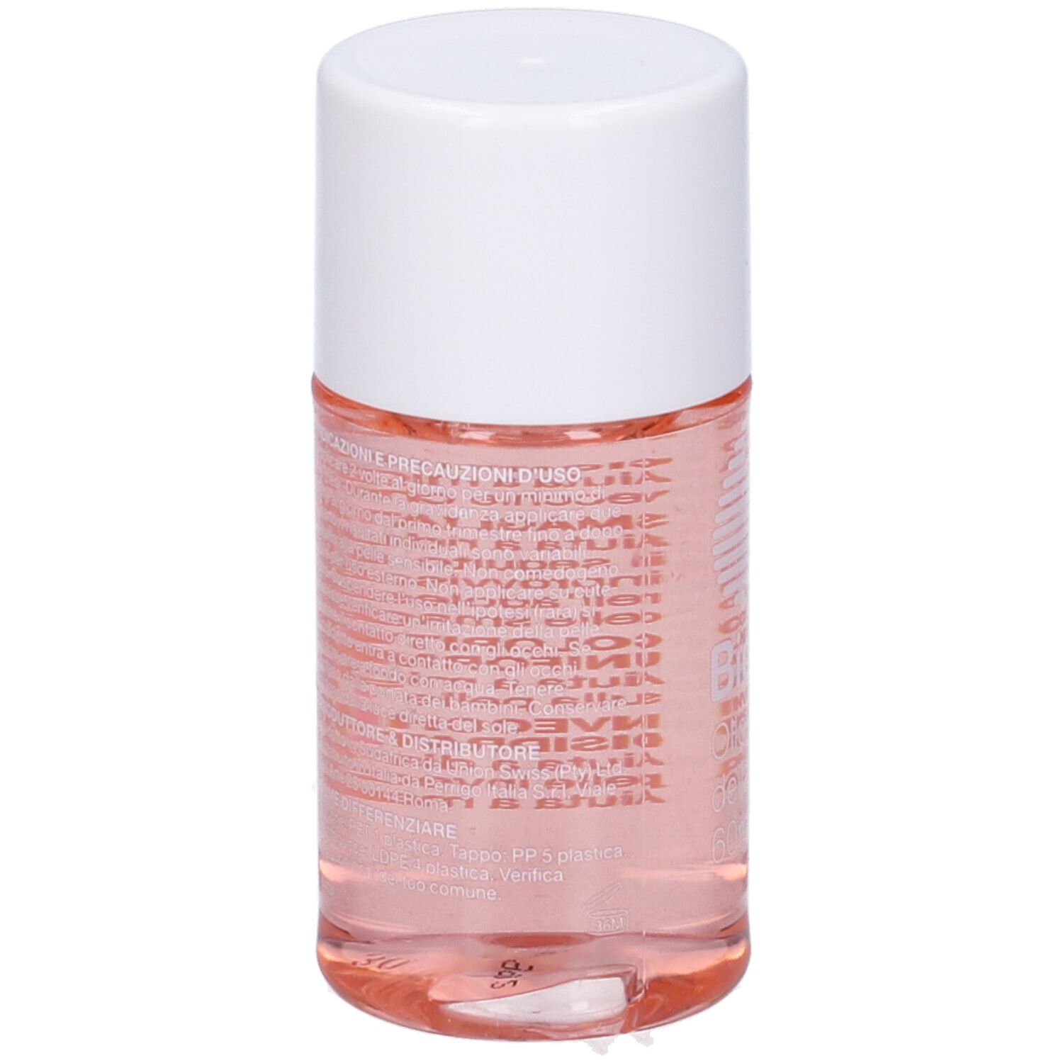 Retro di un flacone cilindrico con liquido rosa e tappo bianco. Testo in italiano.