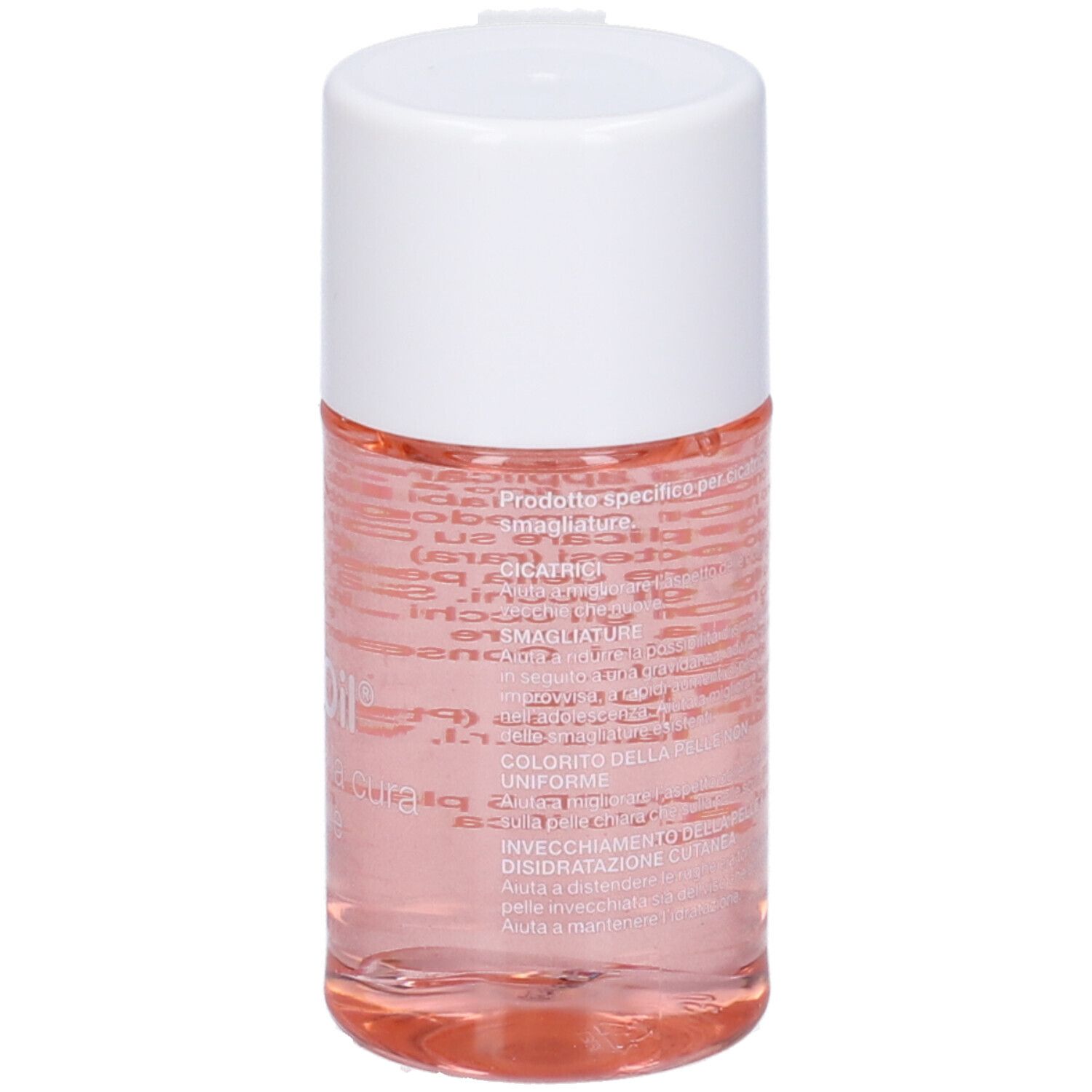 Retro di un flacone cilindrico con liquido rosa e tappo bianco. Testo in italiano.