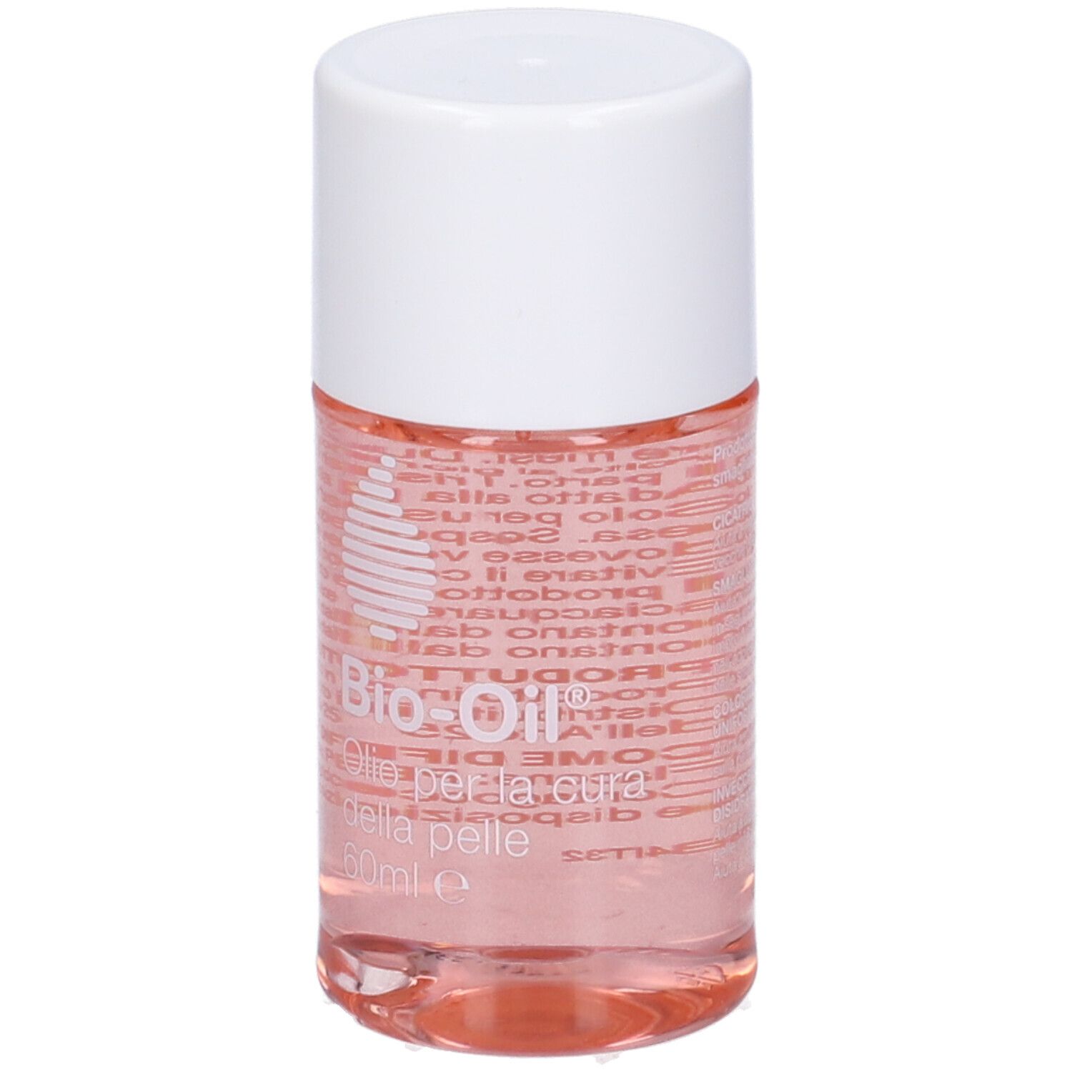 Flacone cilindrico con liquido rosa e tappo bianco. Scritta: Bio-Oil, Oilo per la cura della pelle, 60ml.