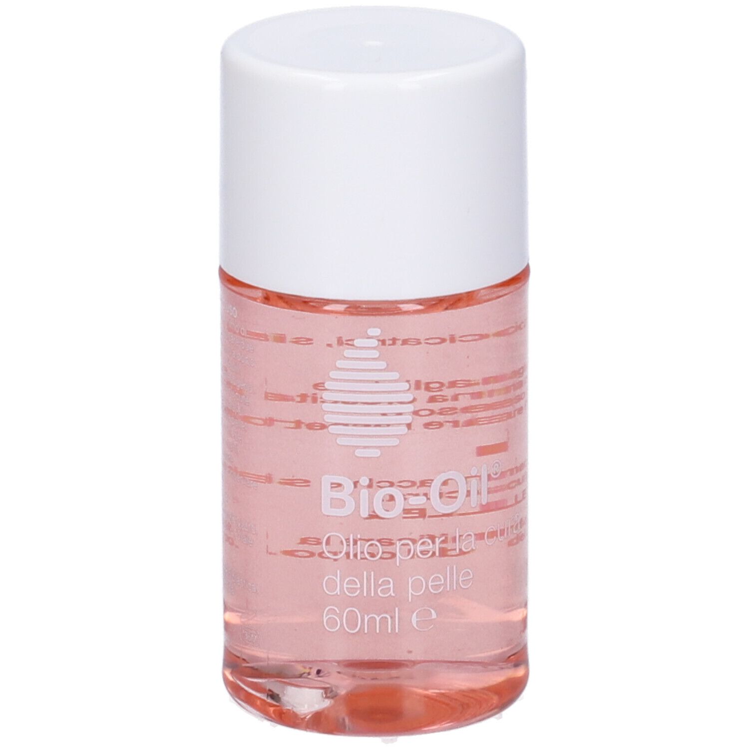 Flacone cilindrico con liquido rosa e tappo bianco. Scritta: Bio-Oil, Oilo per la cura della pelle, 60ml.