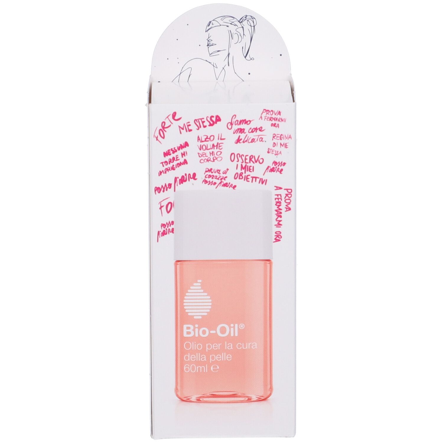 Flacone Bio-Oil in confezione di cartone. Scritta: Bio-Oil, Oilo per la cura della pelle, 60ml. Confezione con disegni.