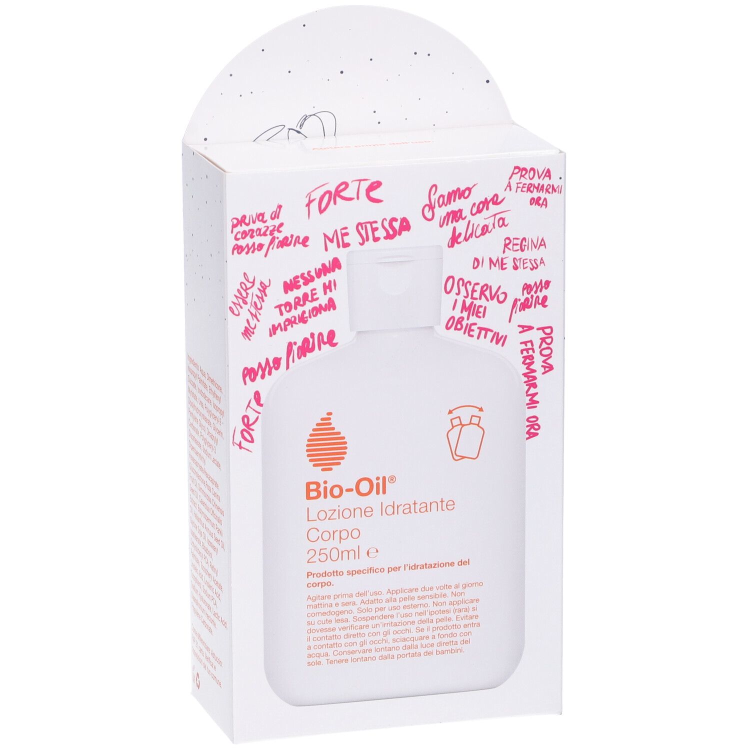 Confezione bianca con flacone. Logo e testo arancione. Testo italiano. Scritta: Lozione Idratante Corpo.