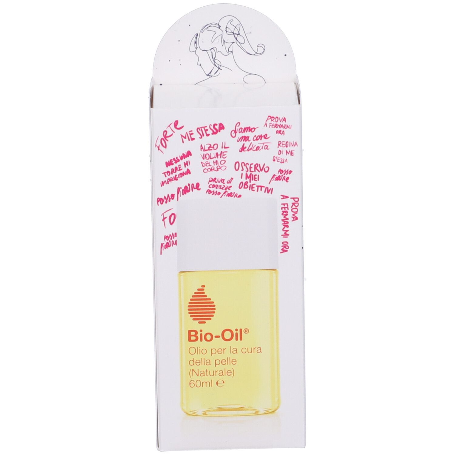 Flacone Bio-Oil con confezione. Confezione con disegni e testo. Flacone con tappo bianco.