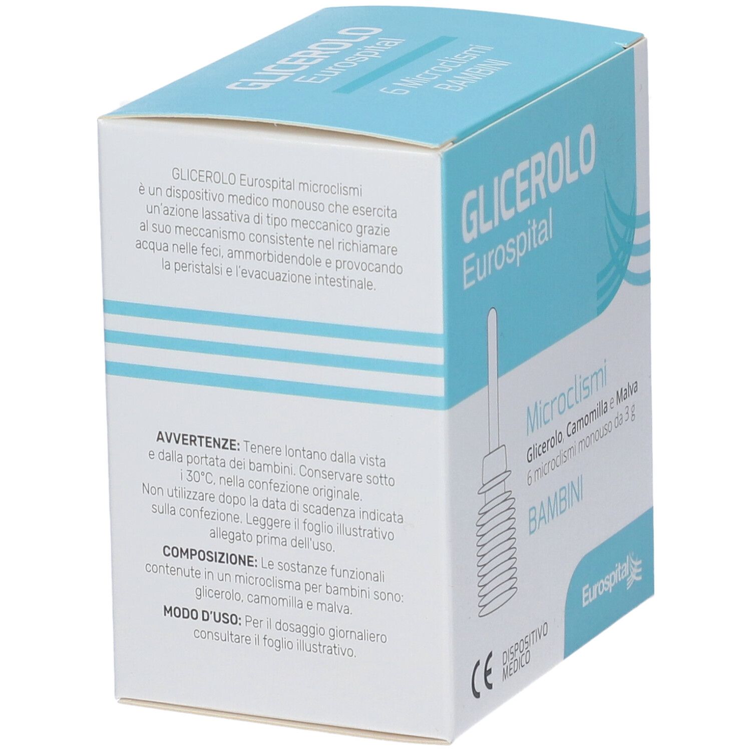 Confezione del prodotto con testo. Contiene informazioni sul prodotto e avvertenze. Marchio CE.