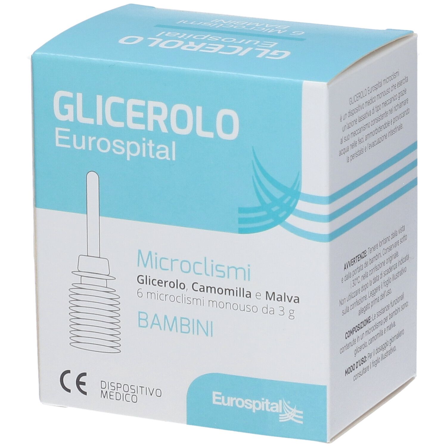 Confezione del prodotto con testo e logo. Contiene 6 microclismi per bambini. Dispositivo medico con marchio CE.