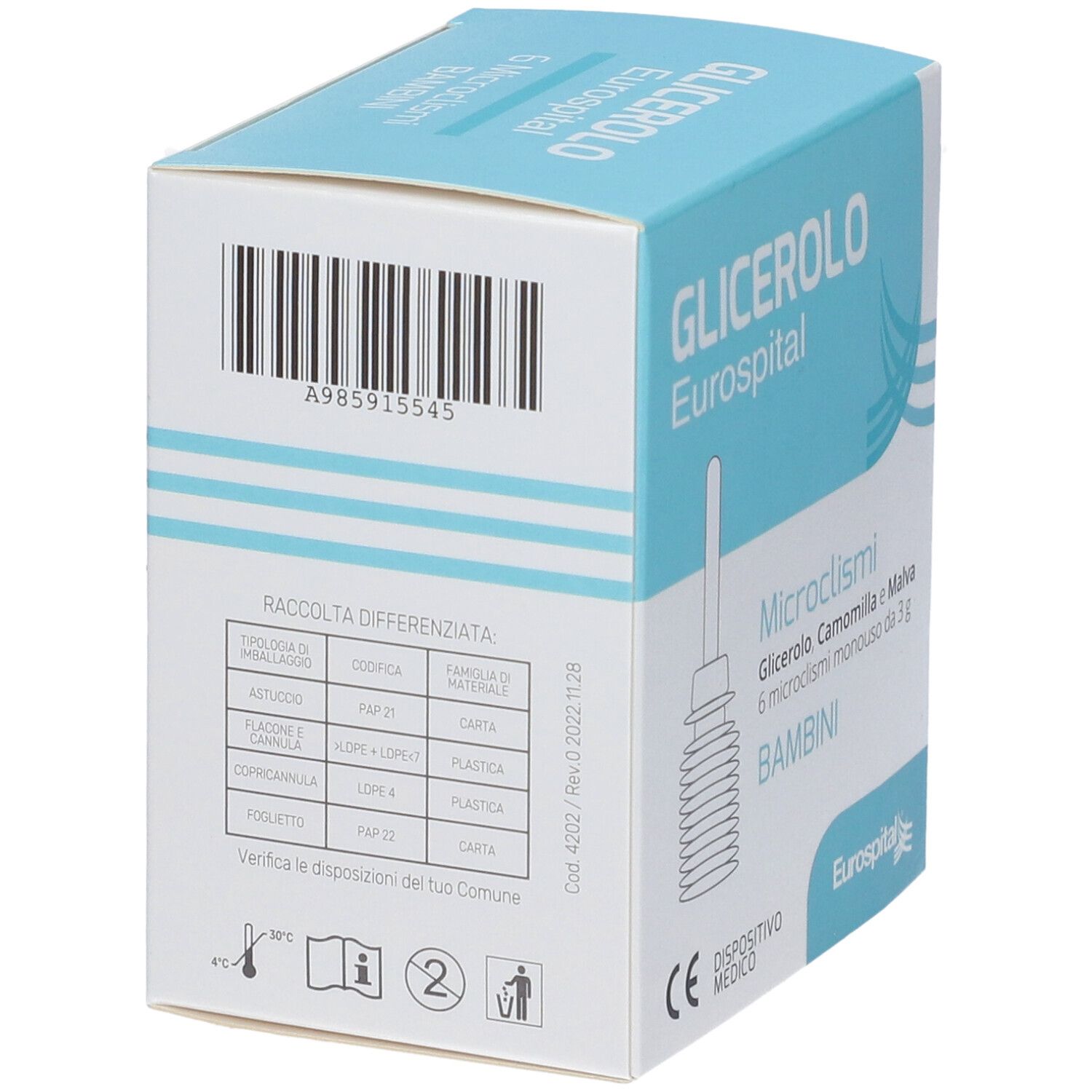 Confezione del prodotto con testo, codice a barre e logo. Contiene informazioni sullo smaltimento. Marchio CE.