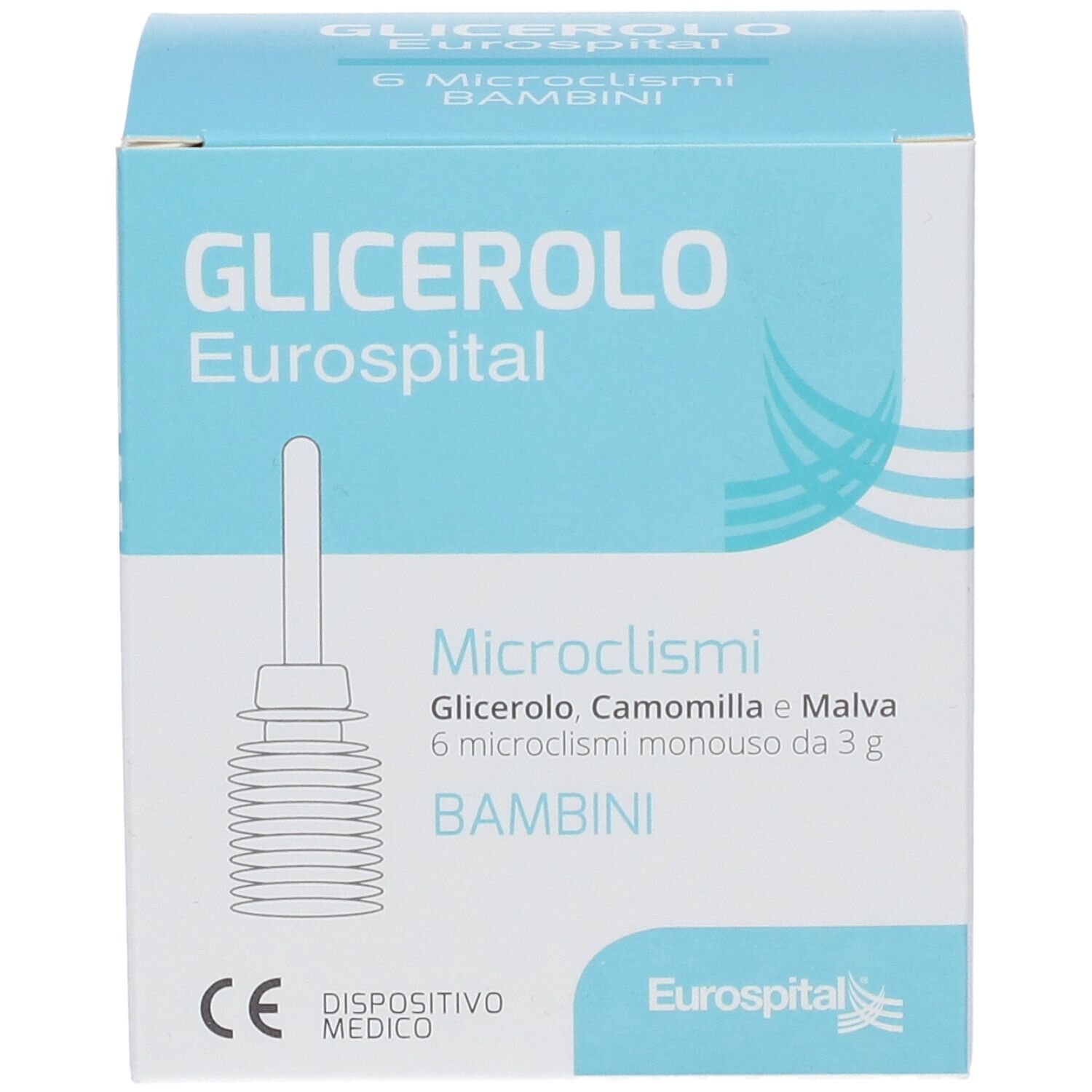 Confezione del prodotto con testo e logo. Contiene 6 microclismi per bambini. Dispositivo medico con marchio CE.