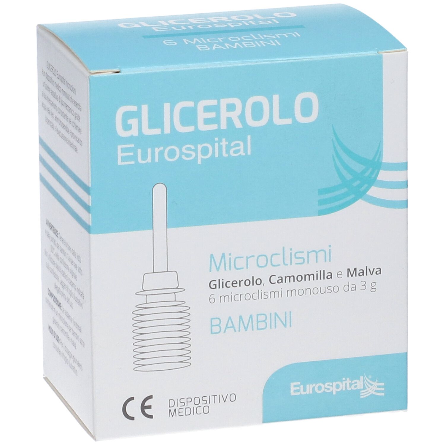 Confezione del prodotto con testo e logo. Contiene 6 microclismi per bambini. Dispositivo medico con marchio CE.