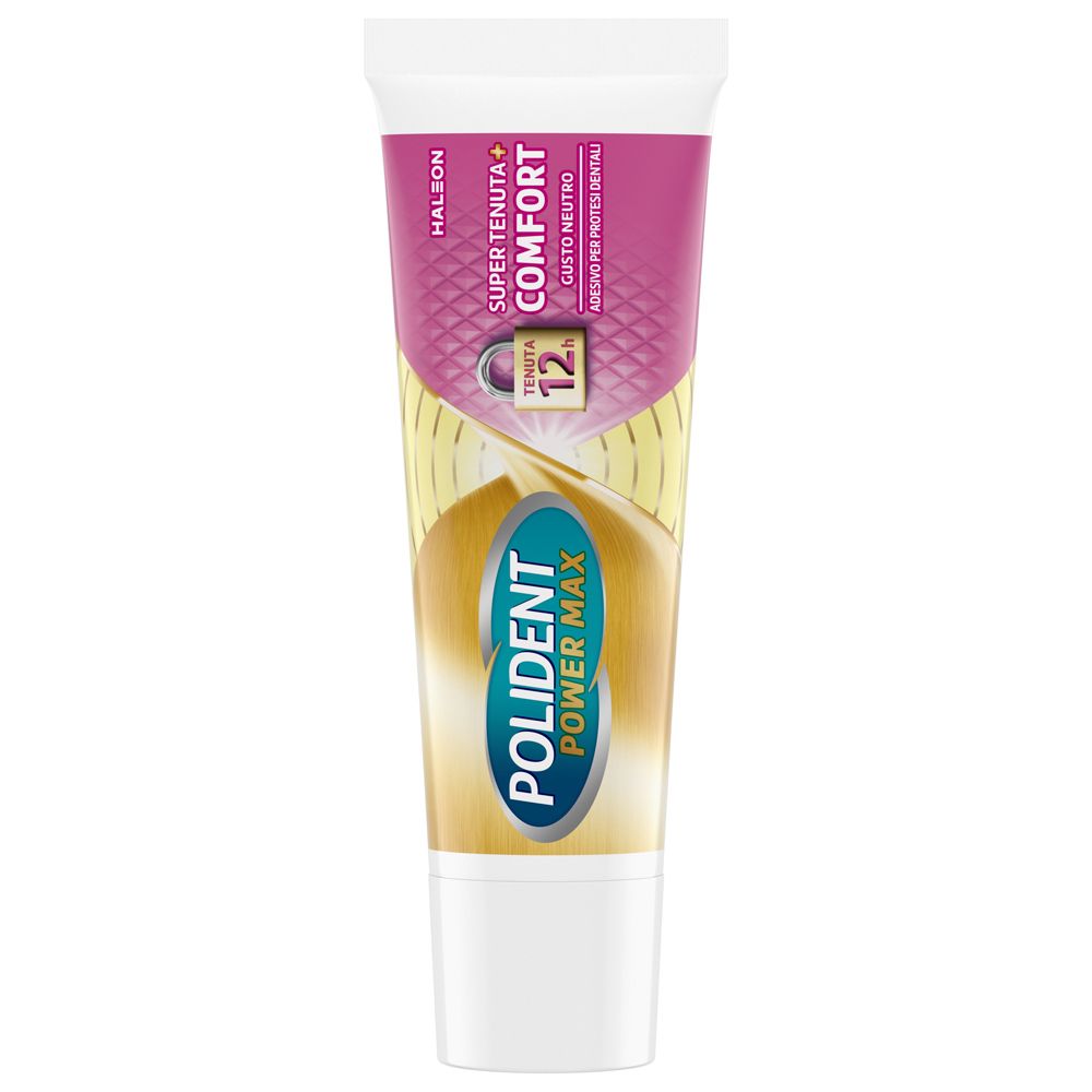 Tubo Polident Power Max Super Tenuta+Comfort. Tappo bianco. Marchio e nome del prodotto visibili.