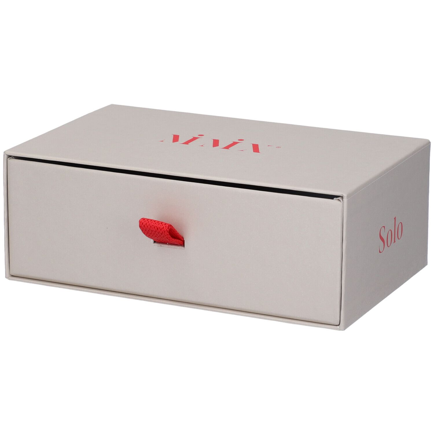 Scatola rettangolare beige con nastro rosso. Scritte rosse: MIMIX e Solo.