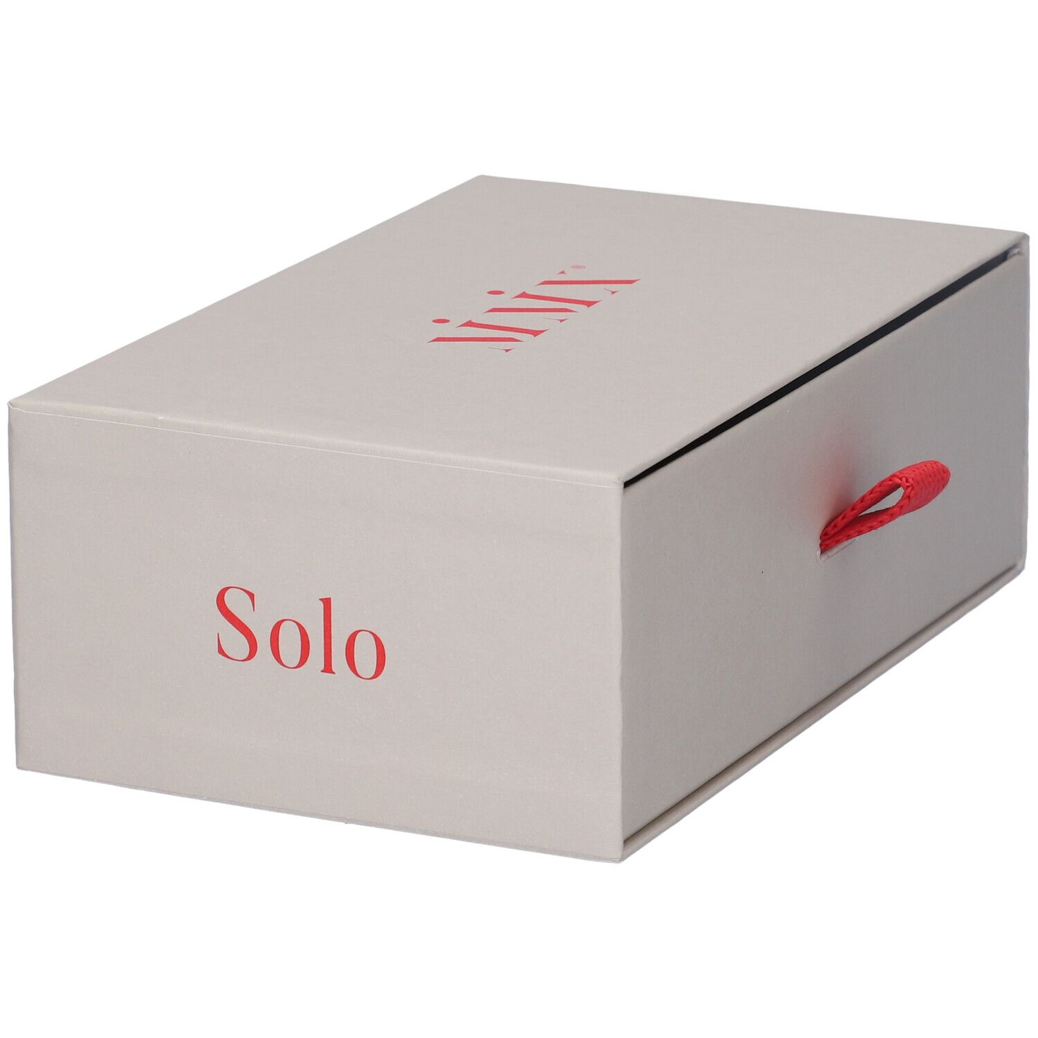 Scatola rettangolare beige con nastro rosso. Scritte rosse: MIMIX e Solo.