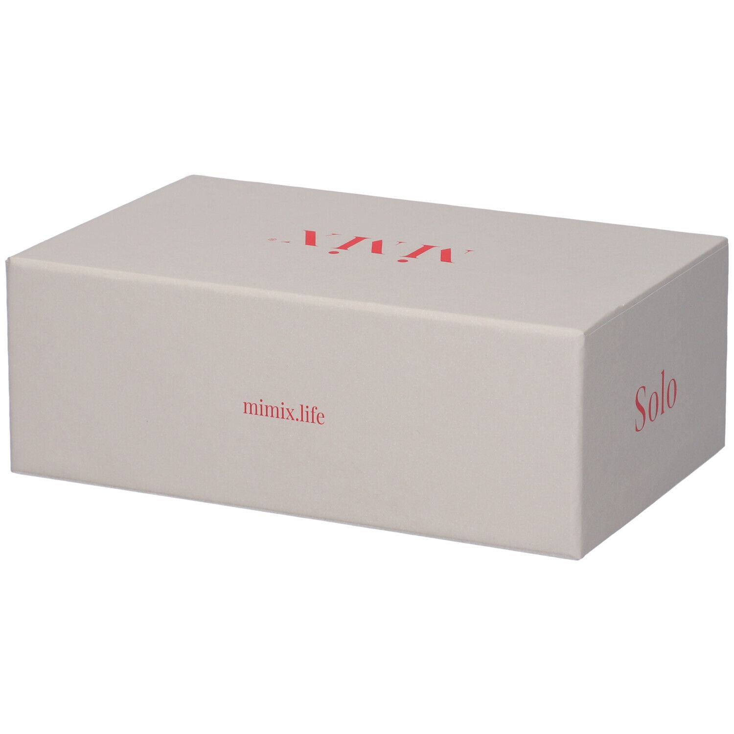 Scatola rettangolare beige con scritte rosse mimix.life e Solo. MIMIX in rosso.