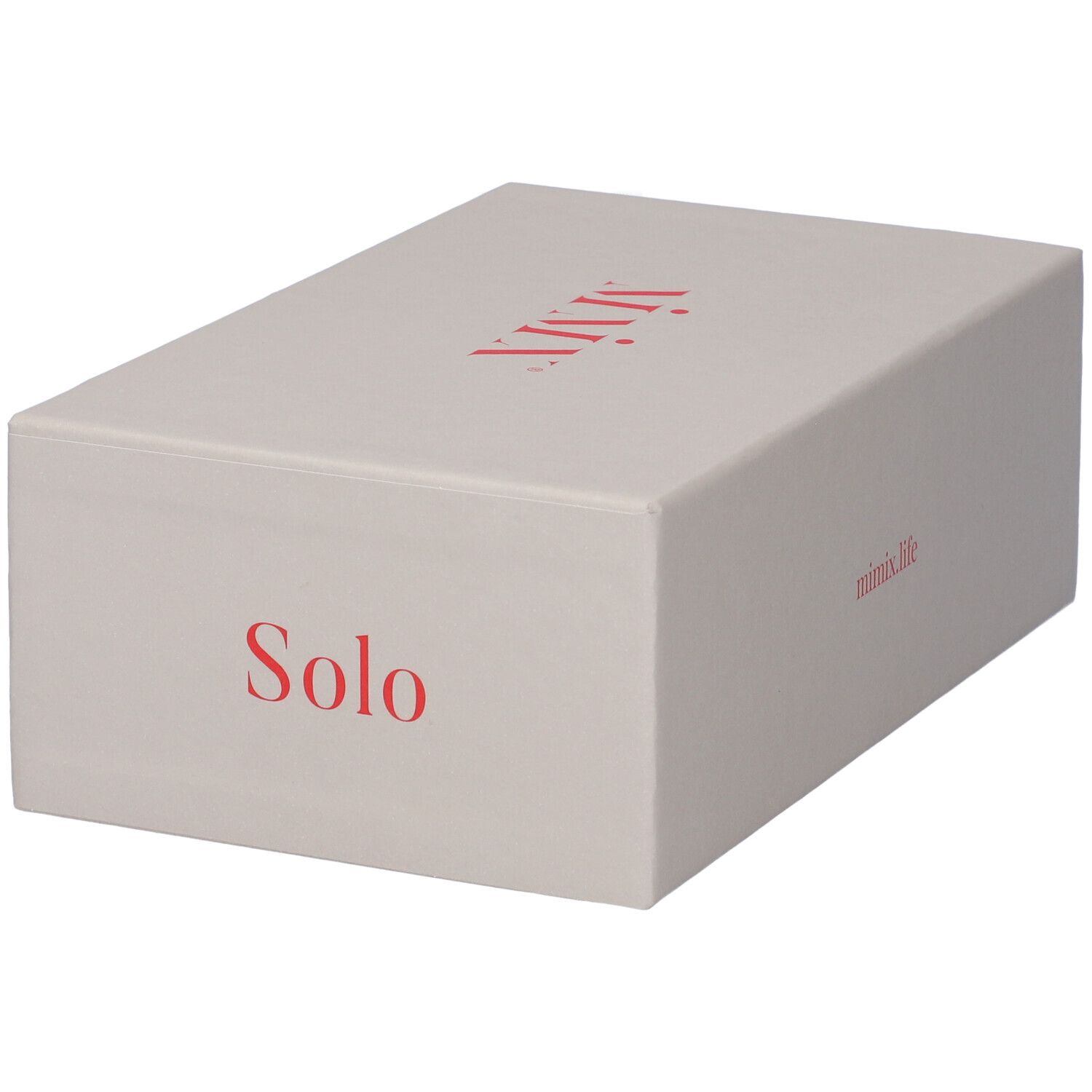 Scatola rettangolare beige con scritte rosse Solo e MIMIX. mimix.life in rosso.