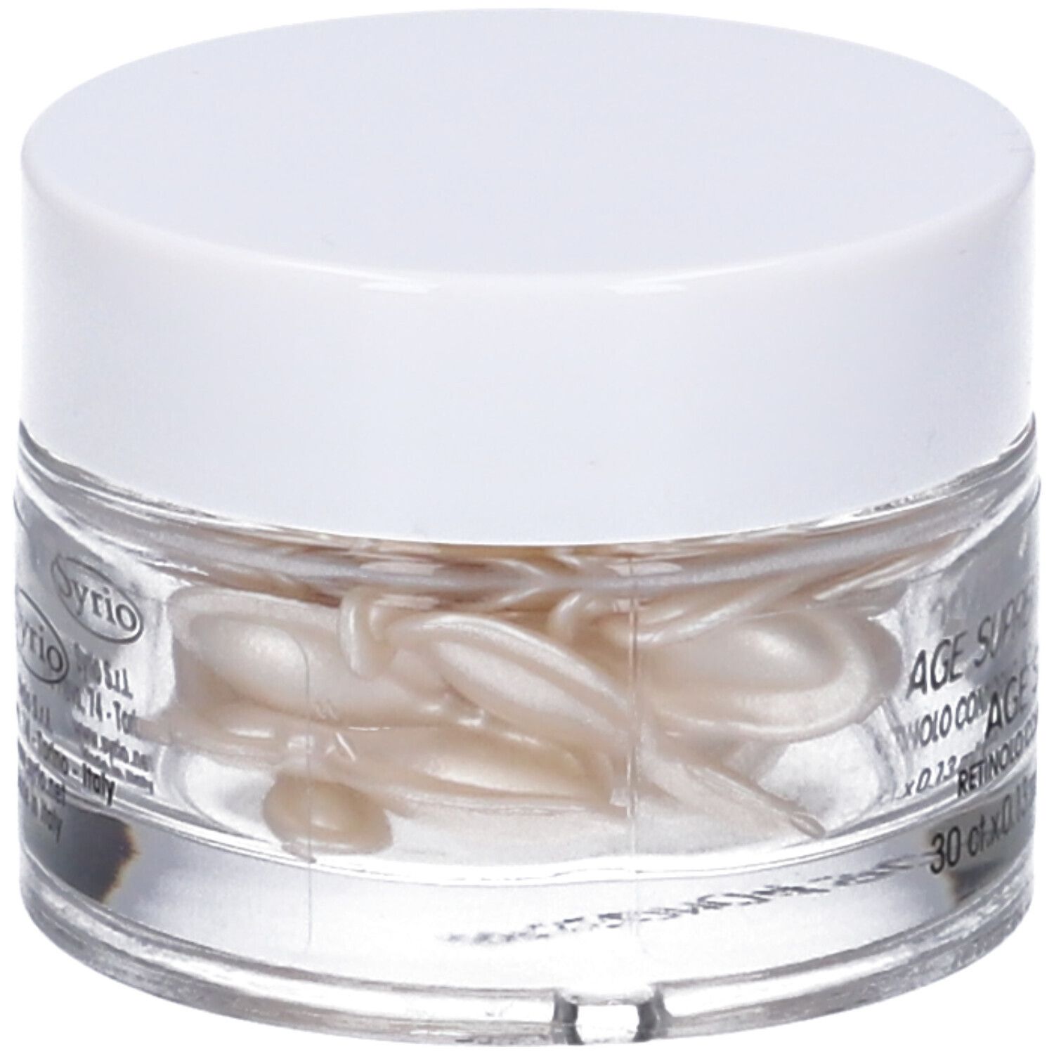 Vasetto in vetro con capsule bianche. Scritta: AGE SUPREME (lift) RETINOLO CONTORNO OCCHI. 30 ct.x0.13 ml e 30 ct.x0.004 fl.oz.