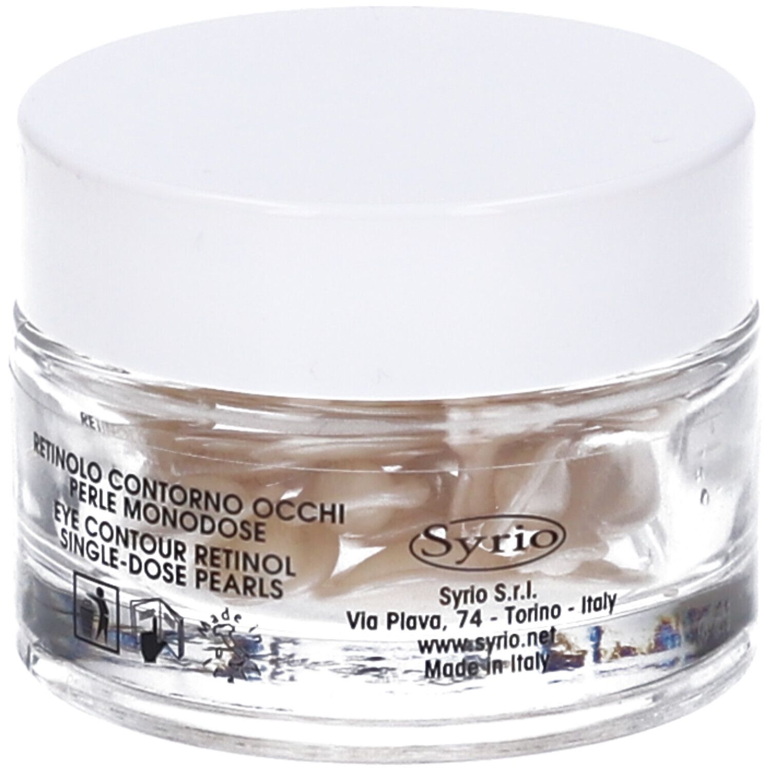 Vasetto in vetro con capsule bianche. Scritta: RETINOLO CONTORNO OCCHI PERLE MONODOSE EYE CONTOUR RETINOL SINGLE-DOSE PEARLS. Syrio.