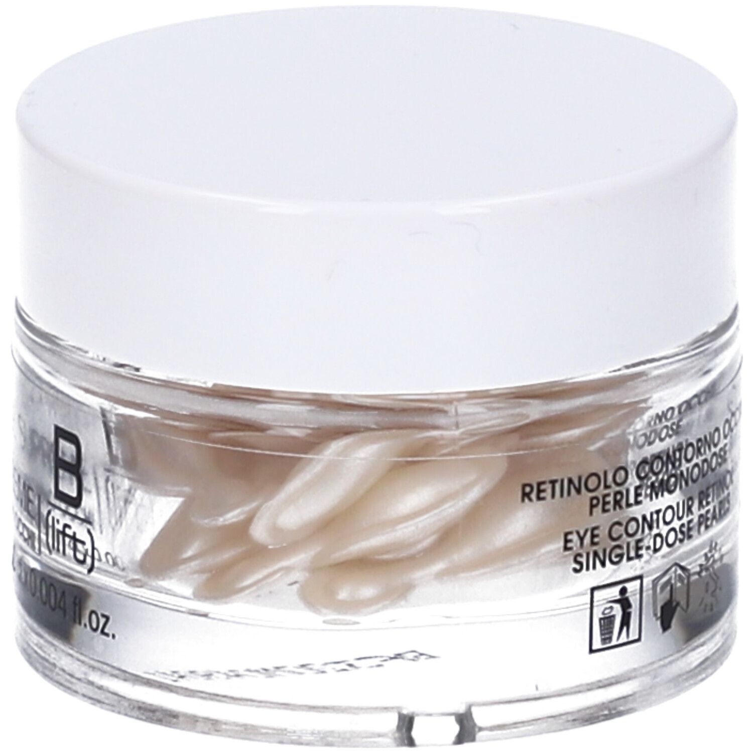Vasetto in vetro con capsule bianche. Scritta: RETINOLO CONTORNO OCCHI PERLE MONODOSE EYE CONTOUR RETINOL SINGLE-DOSE PEARLS.