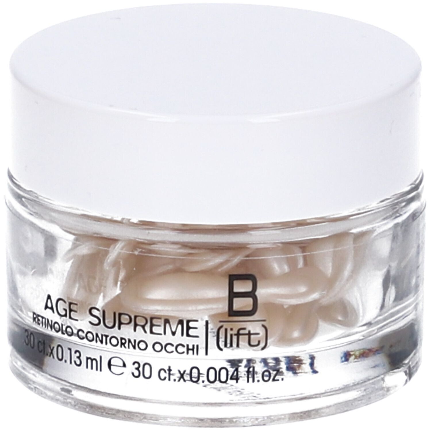 Vasetto in vetro con capsule bianche. Scritta: AGE SUPREME (lift) RETINOLO CONTORNO OCCHI. 30 ct.x0.13 ml e 30 ct.x0.004 fl.oz.