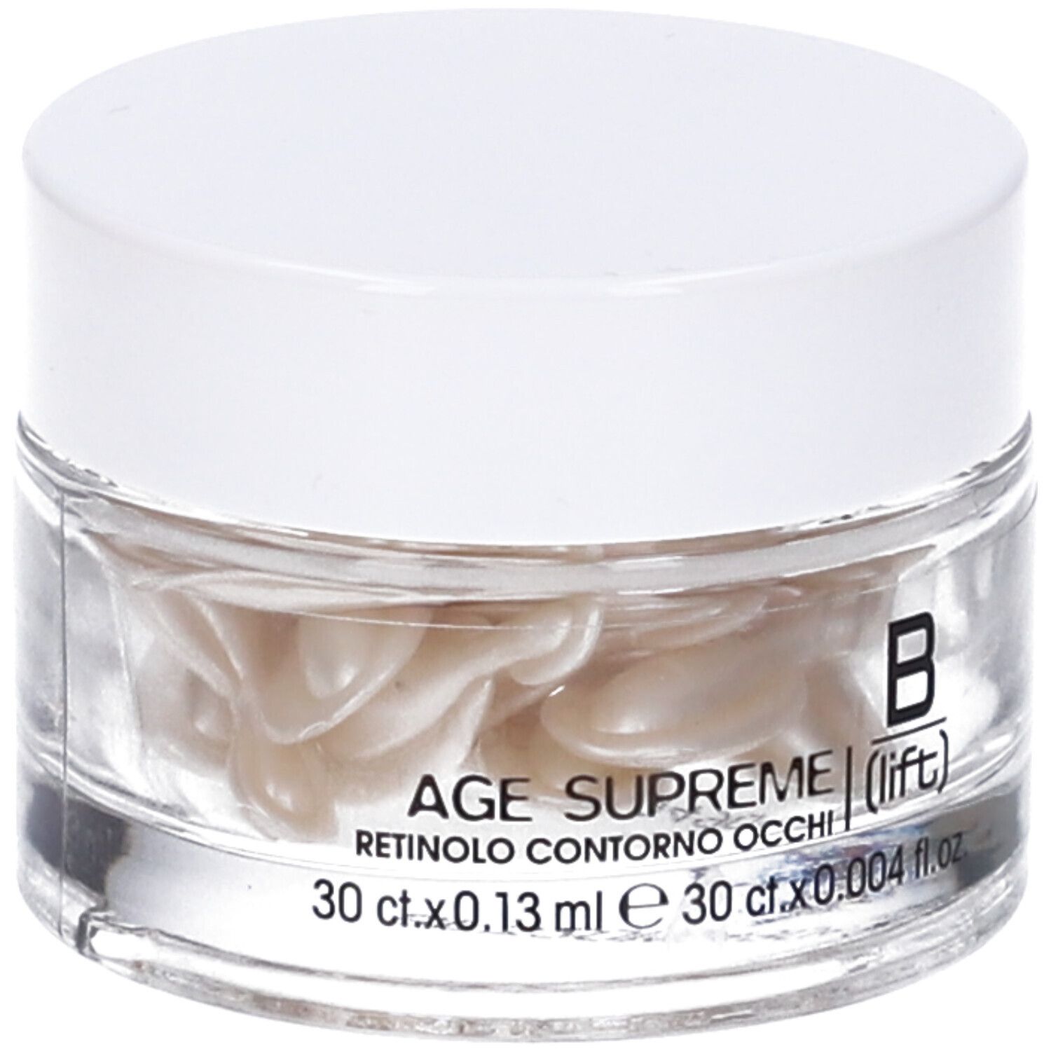 Vasetto in vetro con capsule bianche. Scritta: AGE SUPREME (lift) RETINOLO CONTORNO OCCHI. 30 ct.x0.13 ml e 30 ct.x0.004 fl.oz.